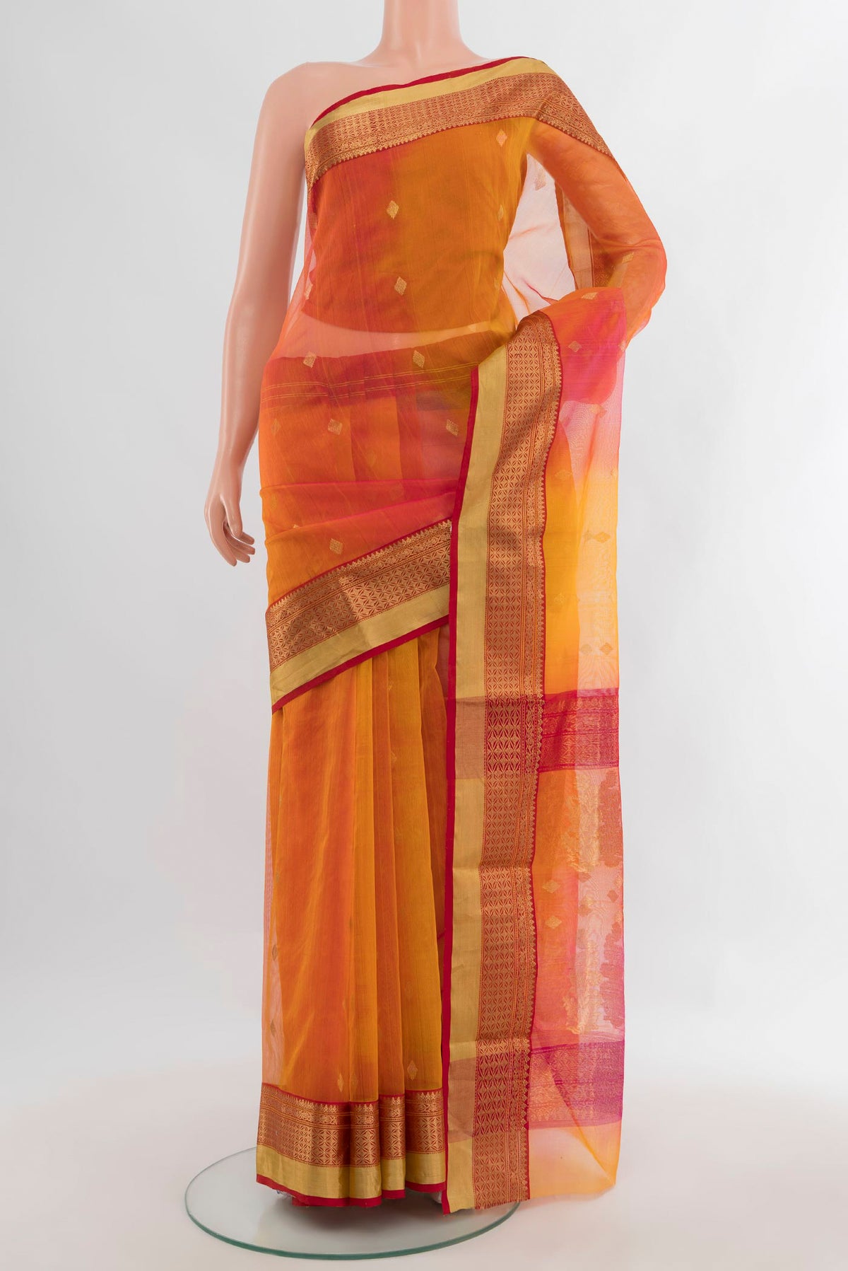 Multi Color Chanderi Cotton Saree with Ombre design on the body and Zari Border.  displayed on a mannequin
