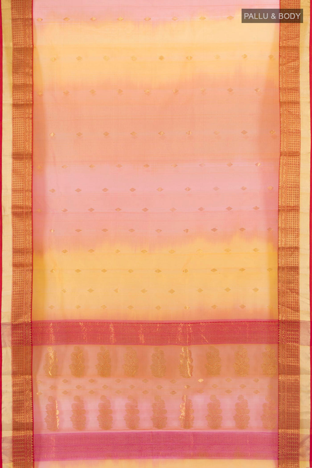 Flat view of Multi Color Chanderi Cotton Saree with Ombre design on the body and Zari Border. 