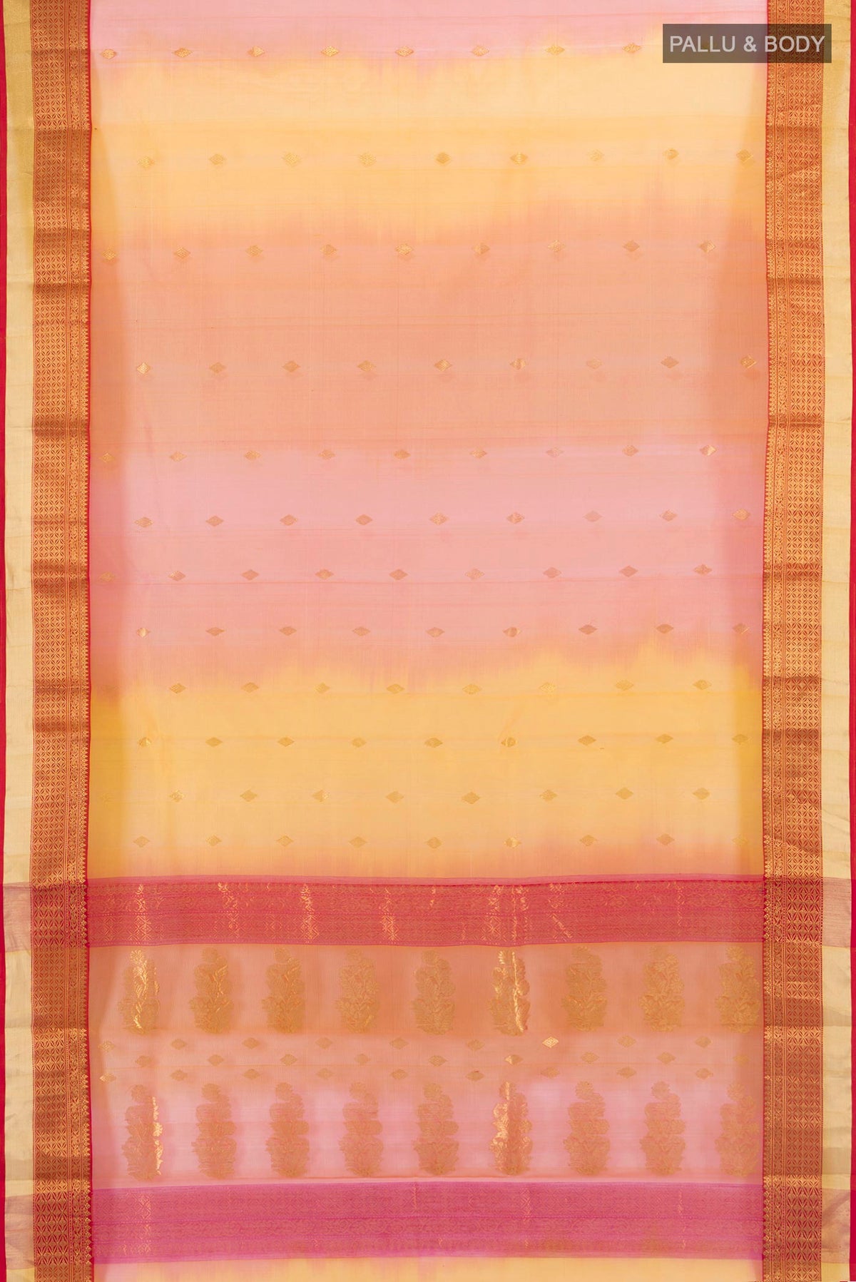 Flat view of Multi Color Chanderi Cotton Saree with Ombre design on the body and Zari Border. 