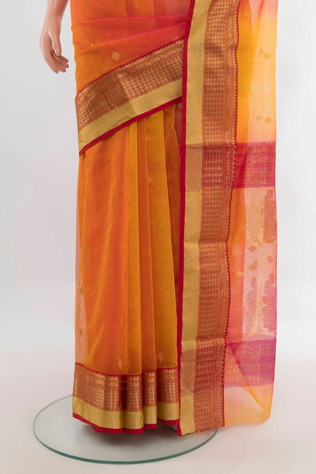 Pleats and pallu of Multi Color Chanderi Cotton Saree with Ombre design on the body and Zari Border. 