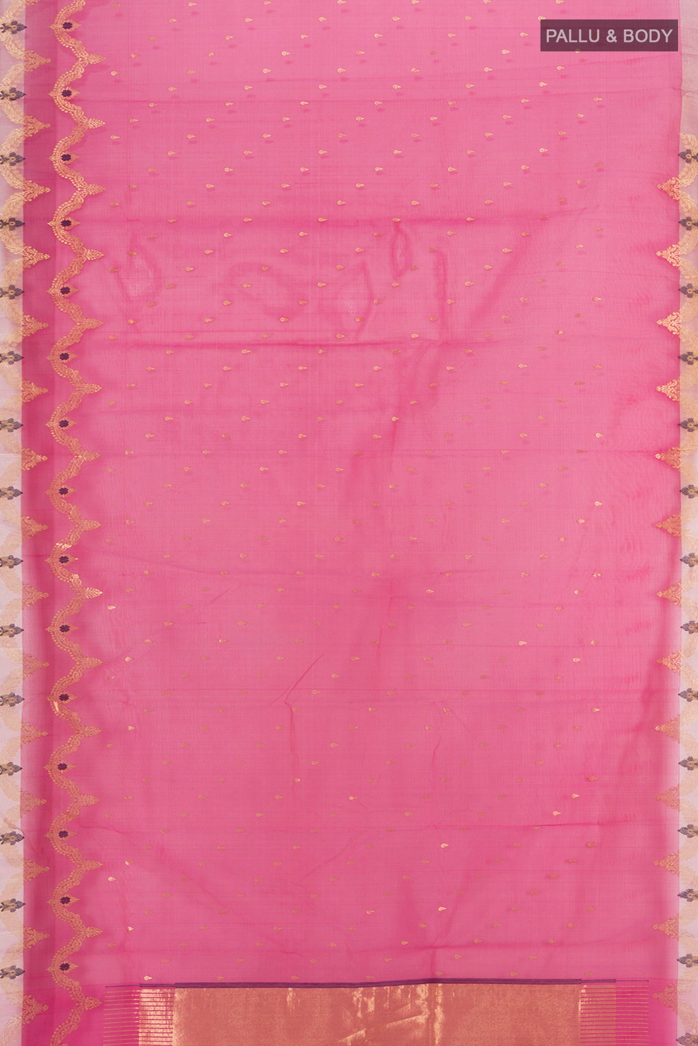 Flat view of Pink Chanderi Silk Cotton Saree with Zari Butta on the body and Zari Border. 