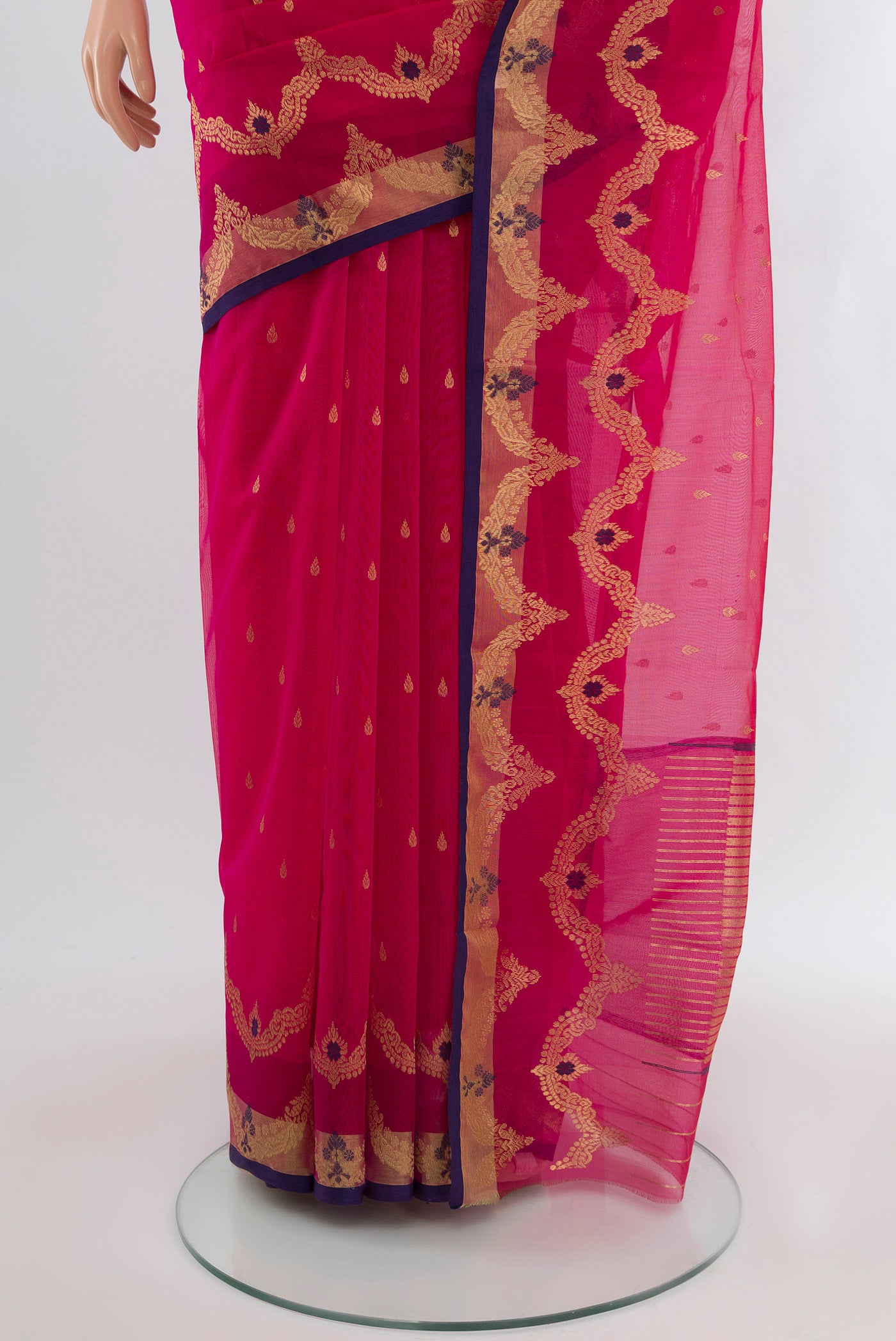 Pleats and pallu of Pink Chanderi Silk Cotton Saree with Zari Butta on the body and Zari Border. 
