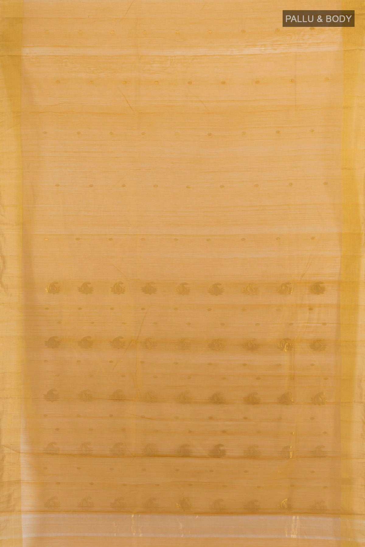 Flat view of Sandal Chanderi Cotton Saree with Zari Butta on the body and Zari Border. 