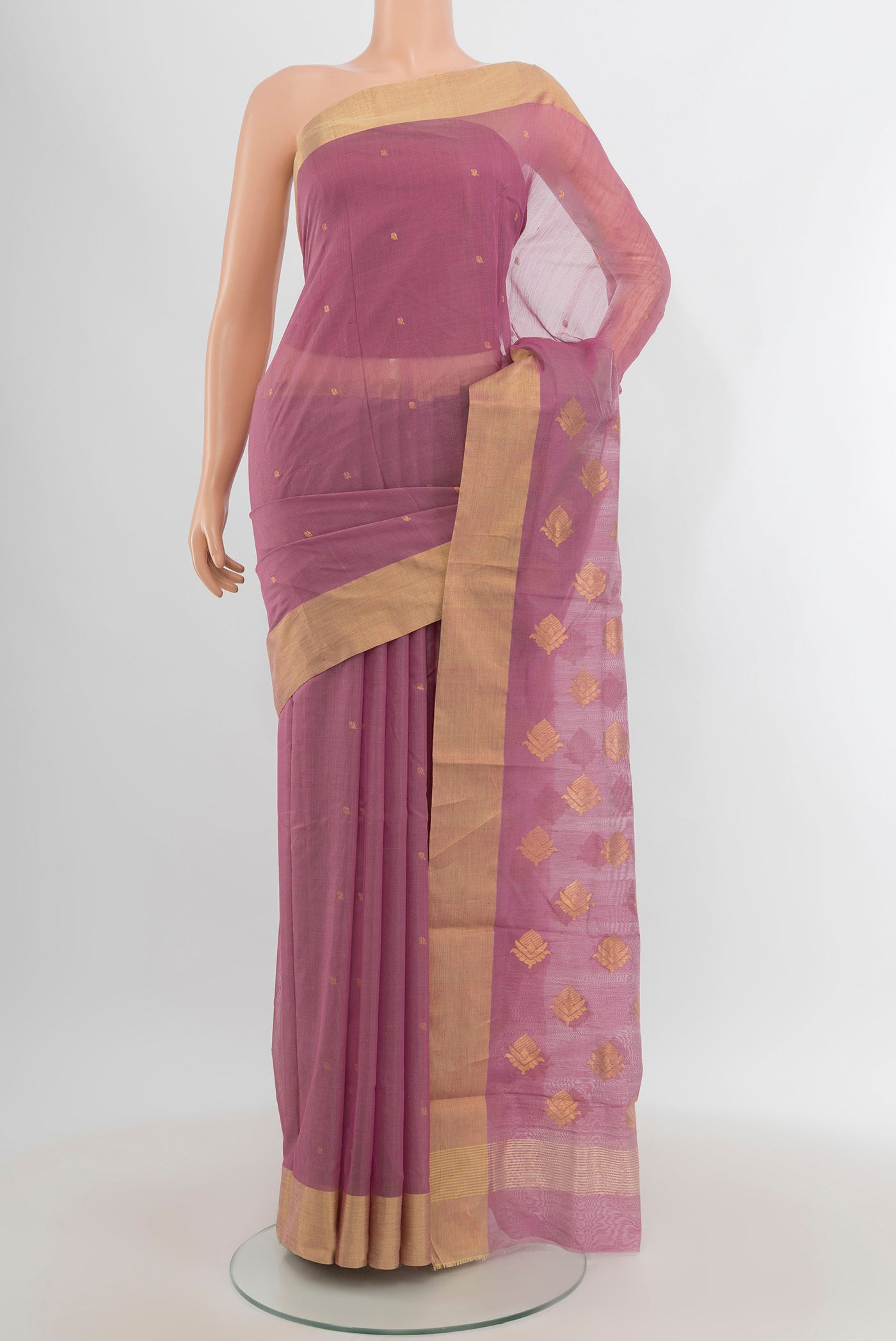 Lavender Chanderi Silk Cotton Saree with Zari Butta on the body and Zari Border.  displayed on a mannequin