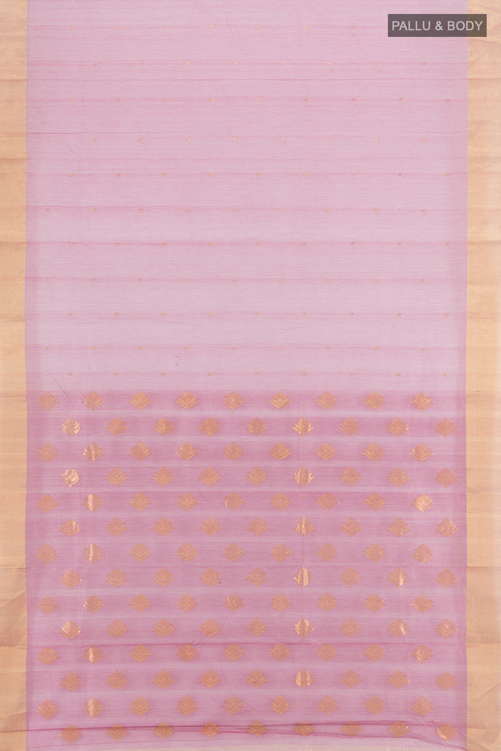 Flat view of Lavender Chanderi Silk Cotton Saree with Zari Butta on the body and Zari Border. 
