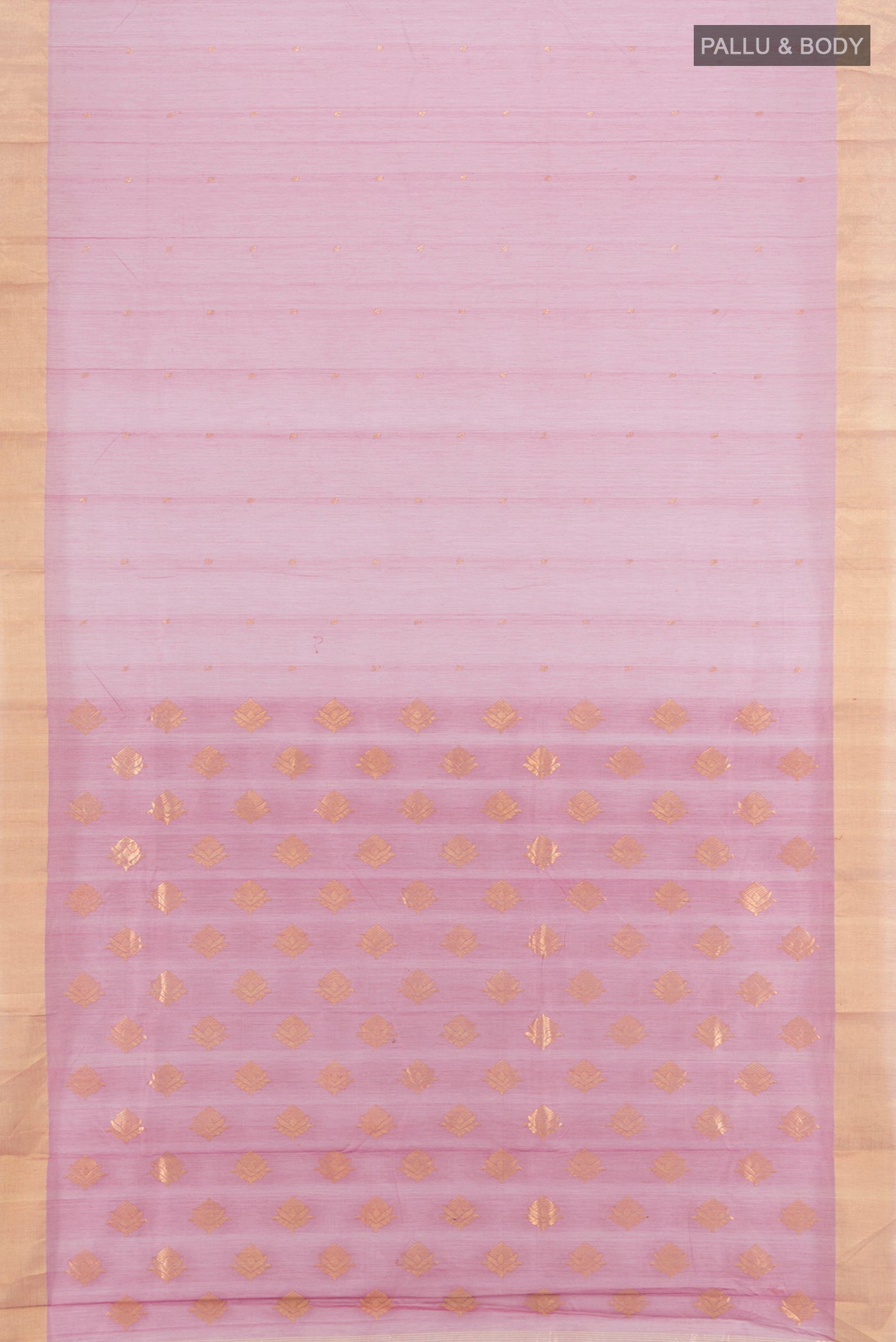 Flat view of Lavender Chanderi Silk Cotton Saree with Zari Butta on the body and Zari Border. 