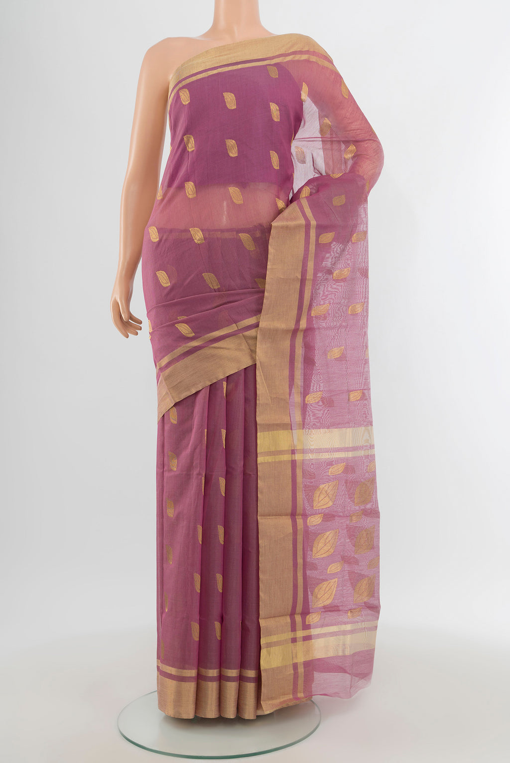 Lavender Chanderi Silk Cotton Saree with Zari Butta on the body and Zari Border.  displayed on a mannequin