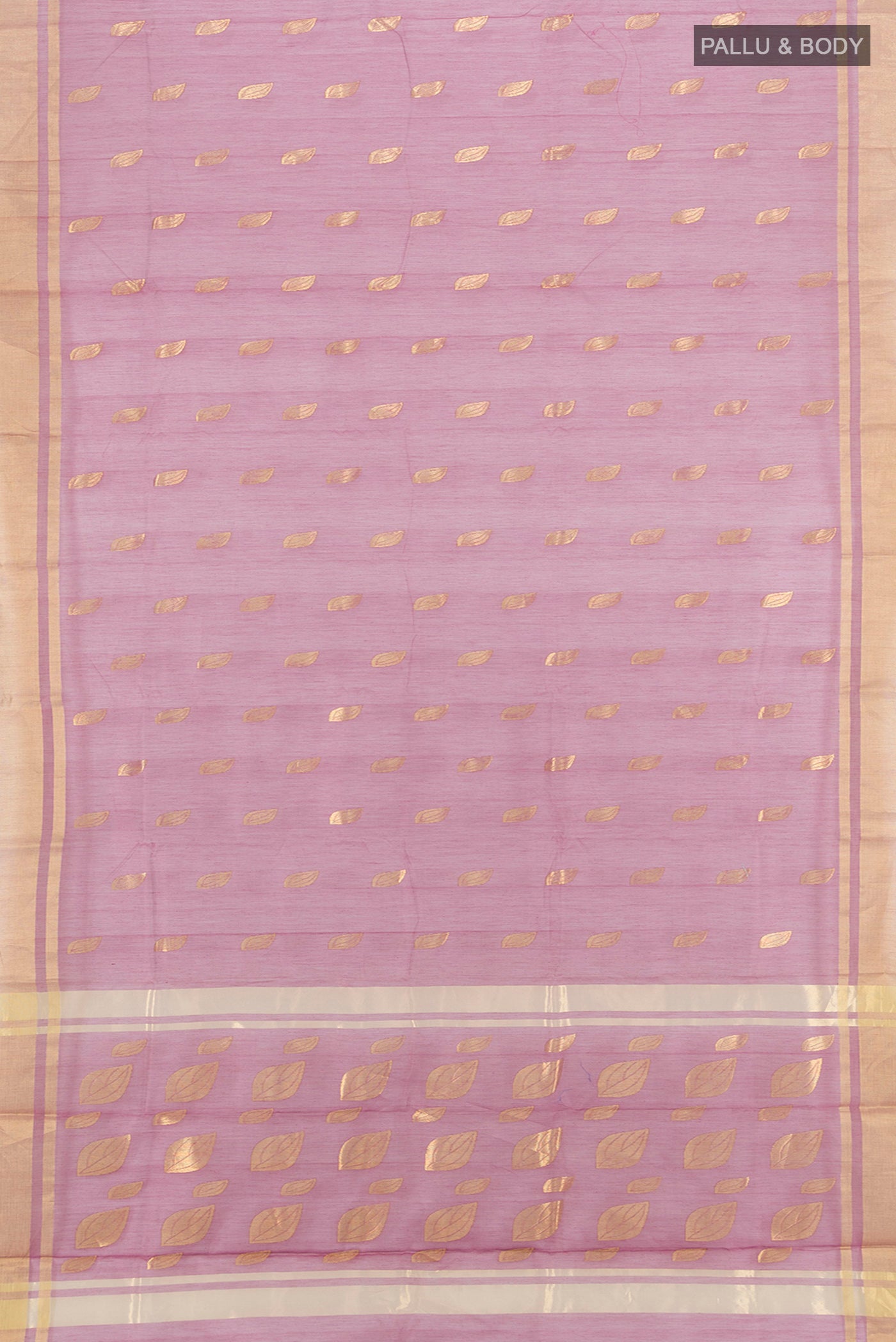 Flat view of Lavender Chanderi Silk Cotton Saree with Zari Butta on the body and Zari Border. 
