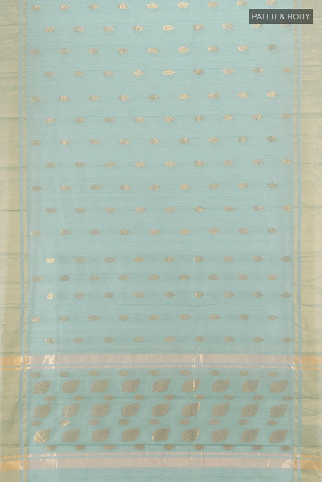 Flat view of Blue Grey Chanderi Silk Cotton Saree with Zari Butta on the body and Zari Border. 