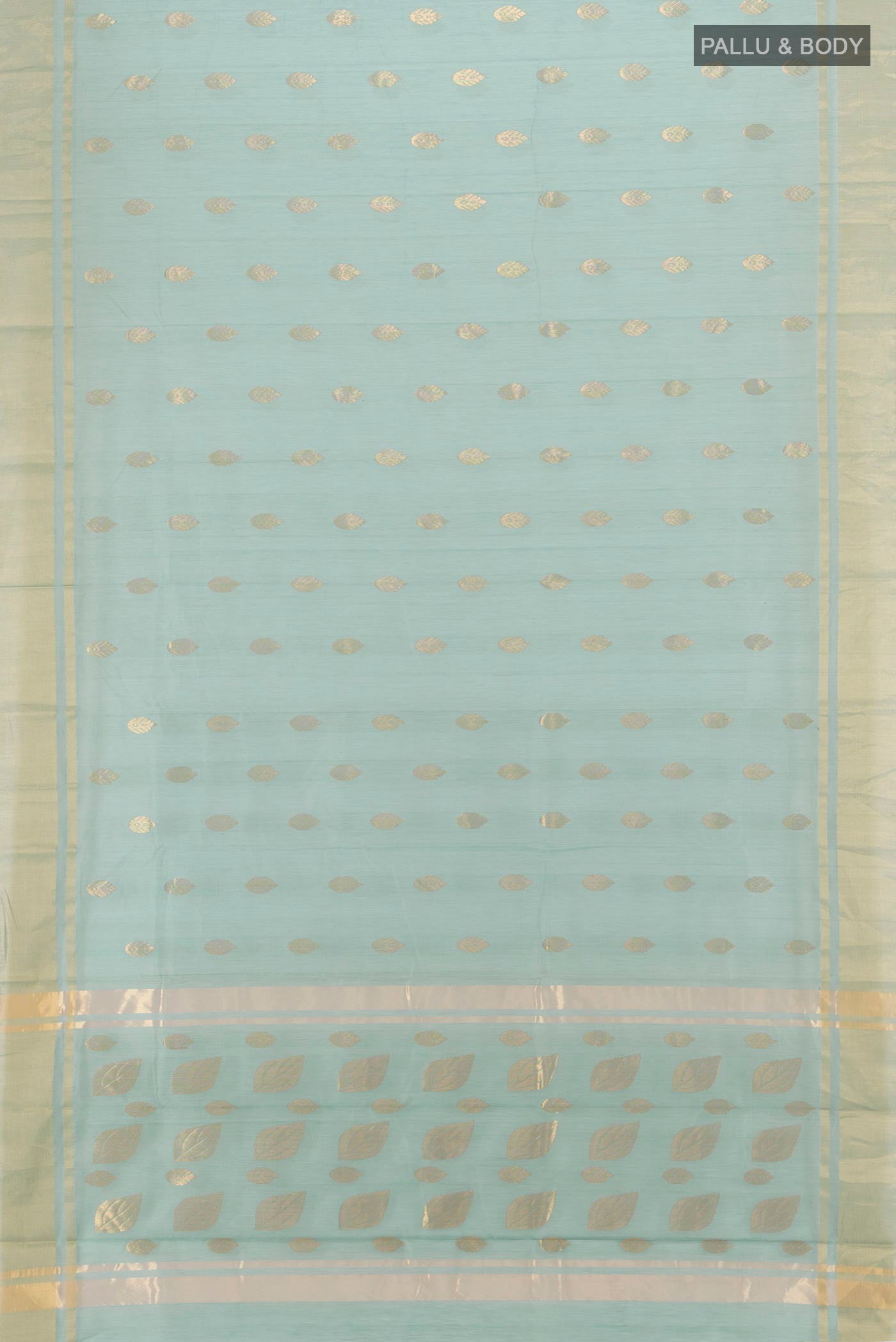 Flat view of Blue Grey Chanderi Silk Cotton Saree with Zari Butta on the body and Zari Border. 