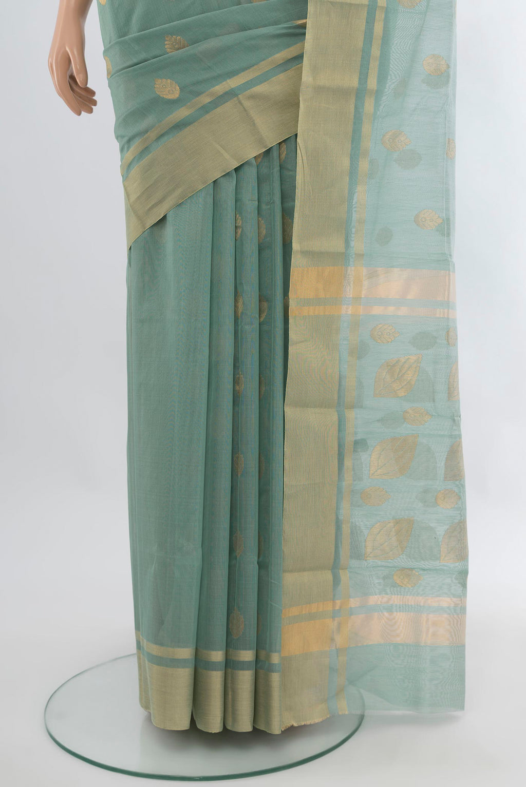 Pleats and pallu of Blue Grey Chanderi Silk Cotton Saree with Zari Butta on the body and Zari Border. 