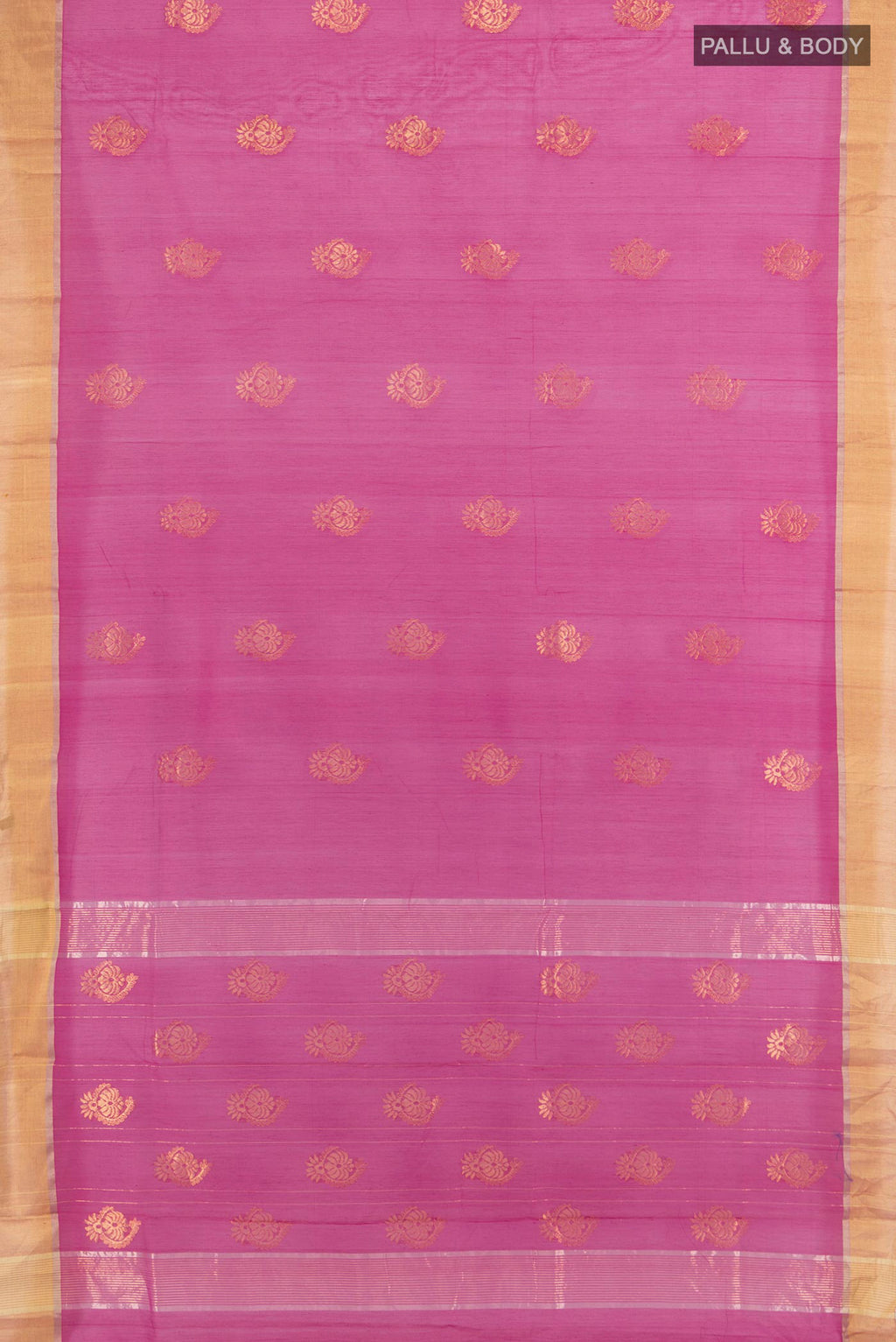 Flat view of Rani Pink Chanderi Cotton Saree with Zari Butta on the body and Zari Border. 