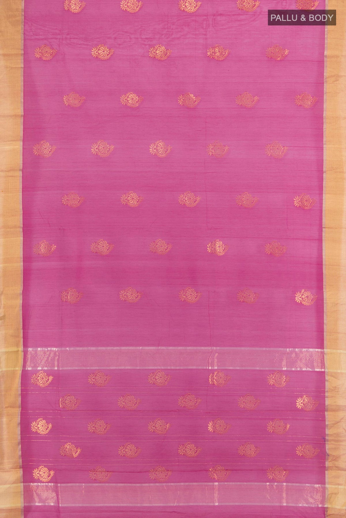 Flat view of Rani Pink Chanderi Cotton Saree with Zari Butta on the body and Zari Border. 