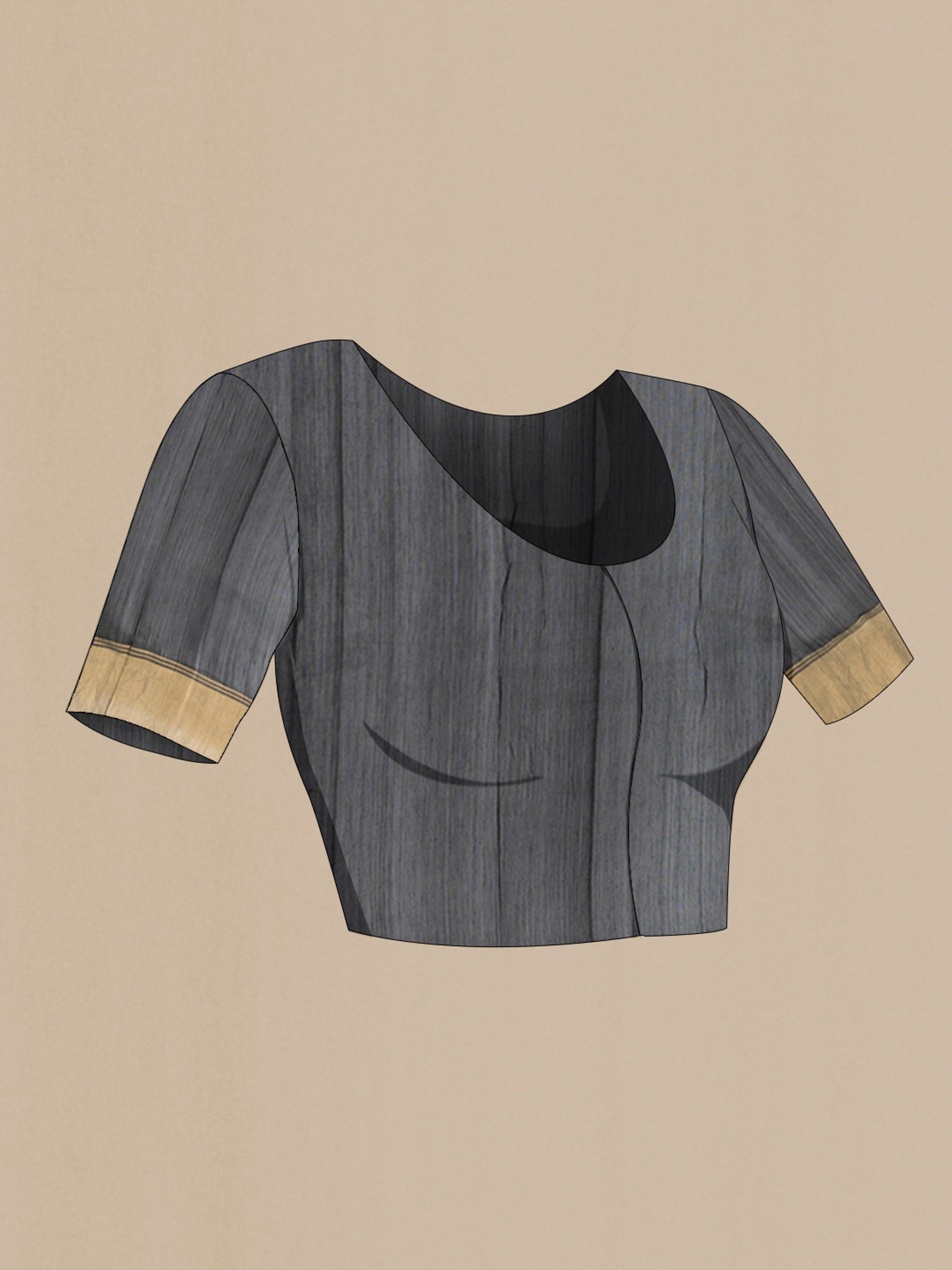 Close up image of the blouse of Black Chanderi Silk Cotton Saree with Zari Butta on the body and Zari Border. 