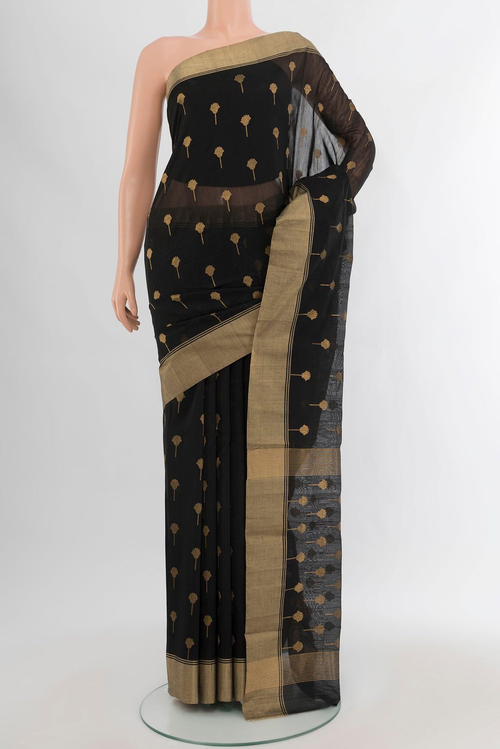 Black Chanderi Silk Cotton Saree with Zari Butta on the body and Zari Border.  displayed on a mannequin