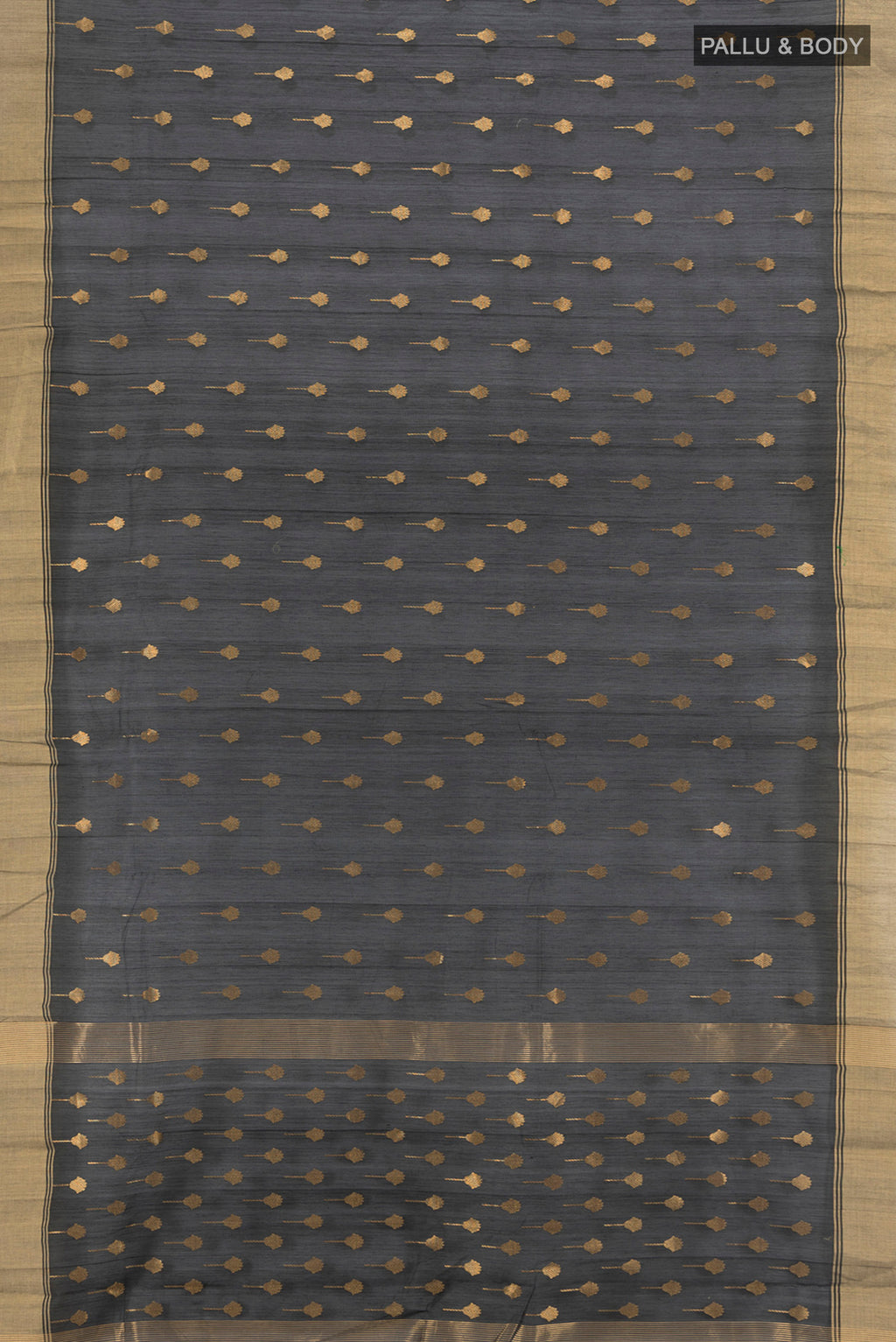 Flat view of Black Chanderi Silk Cotton Saree with Zari Butta on the body and Zari Border. 