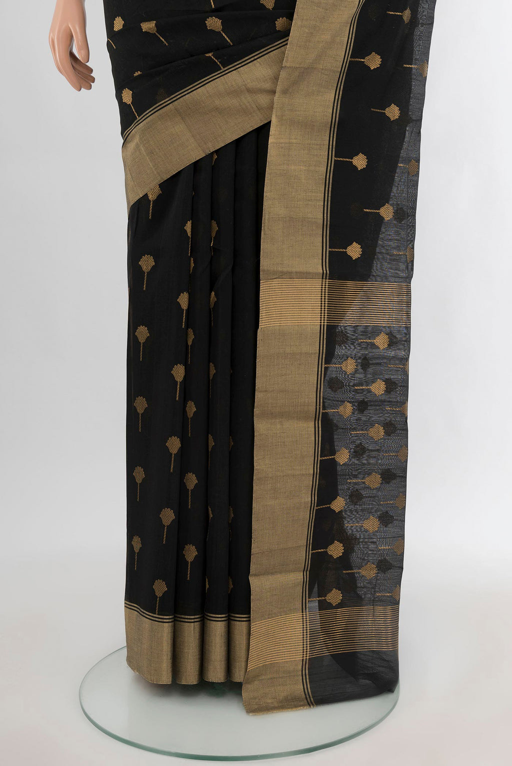 Pleats and pallu of Black Chanderi Silk Cotton Saree with Zari Butta on the body and Zari Border. 