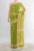 Parrot Green Chanderi Cotton Saree with Zari Butta on the body and Zari Border.  displayed on a mannequin