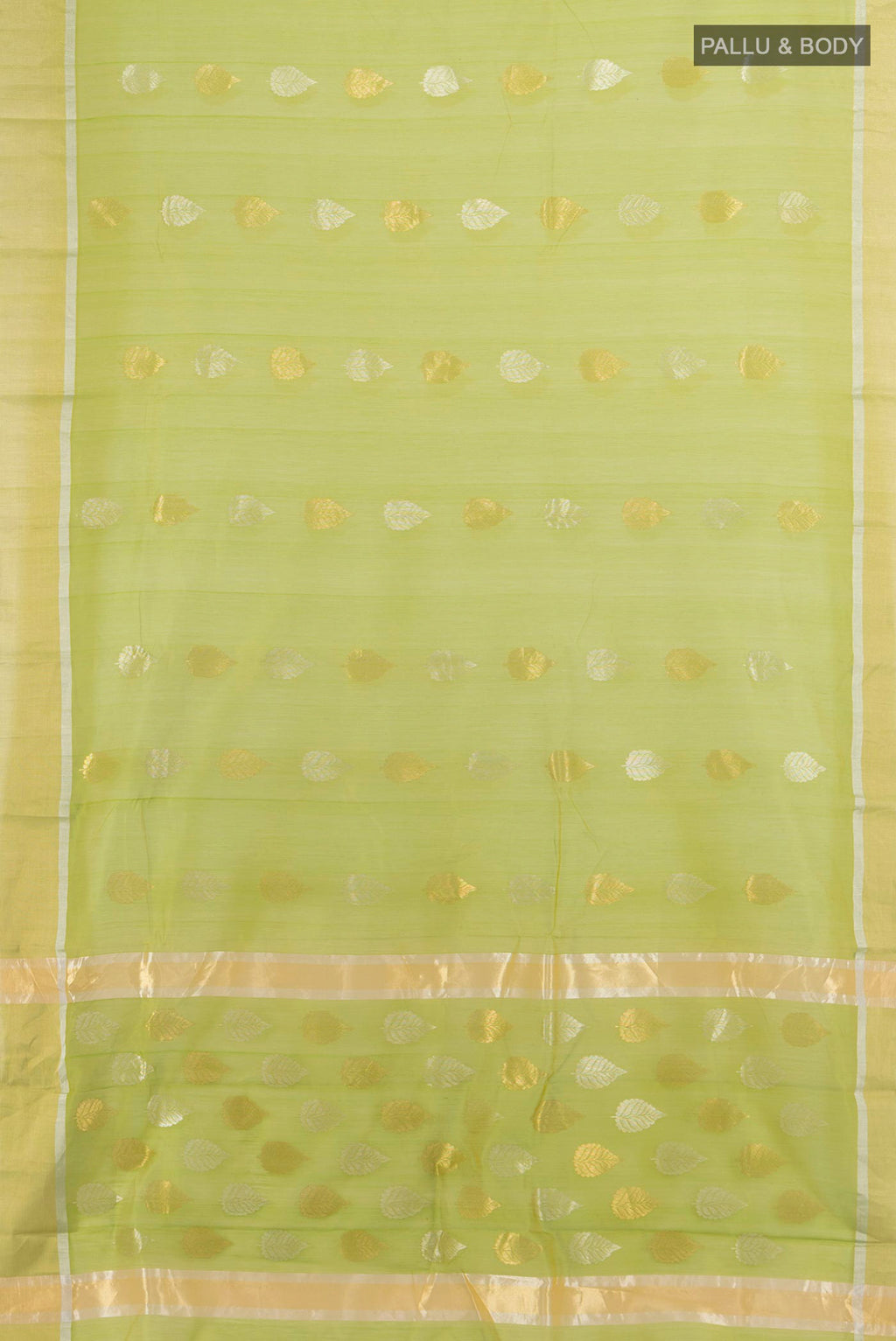 Flat view of Parrot Green Chanderi Cotton Saree with Zari Butta on the body and Zari Border. 