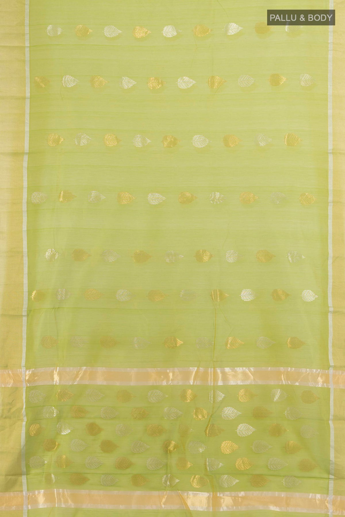 Flat view of Parrot Green Chanderi Cotton Saree with Zari Butta on the body and Zari Border. 