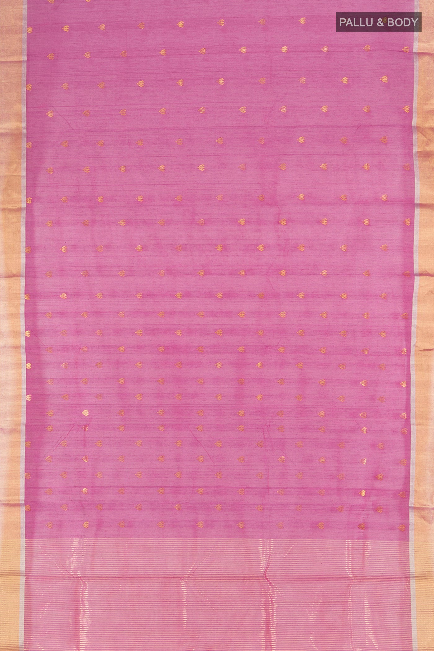 Flat view of Magenta Chanderi Silk Cotton Saree with Zari Butta on the body and Zari Border. 