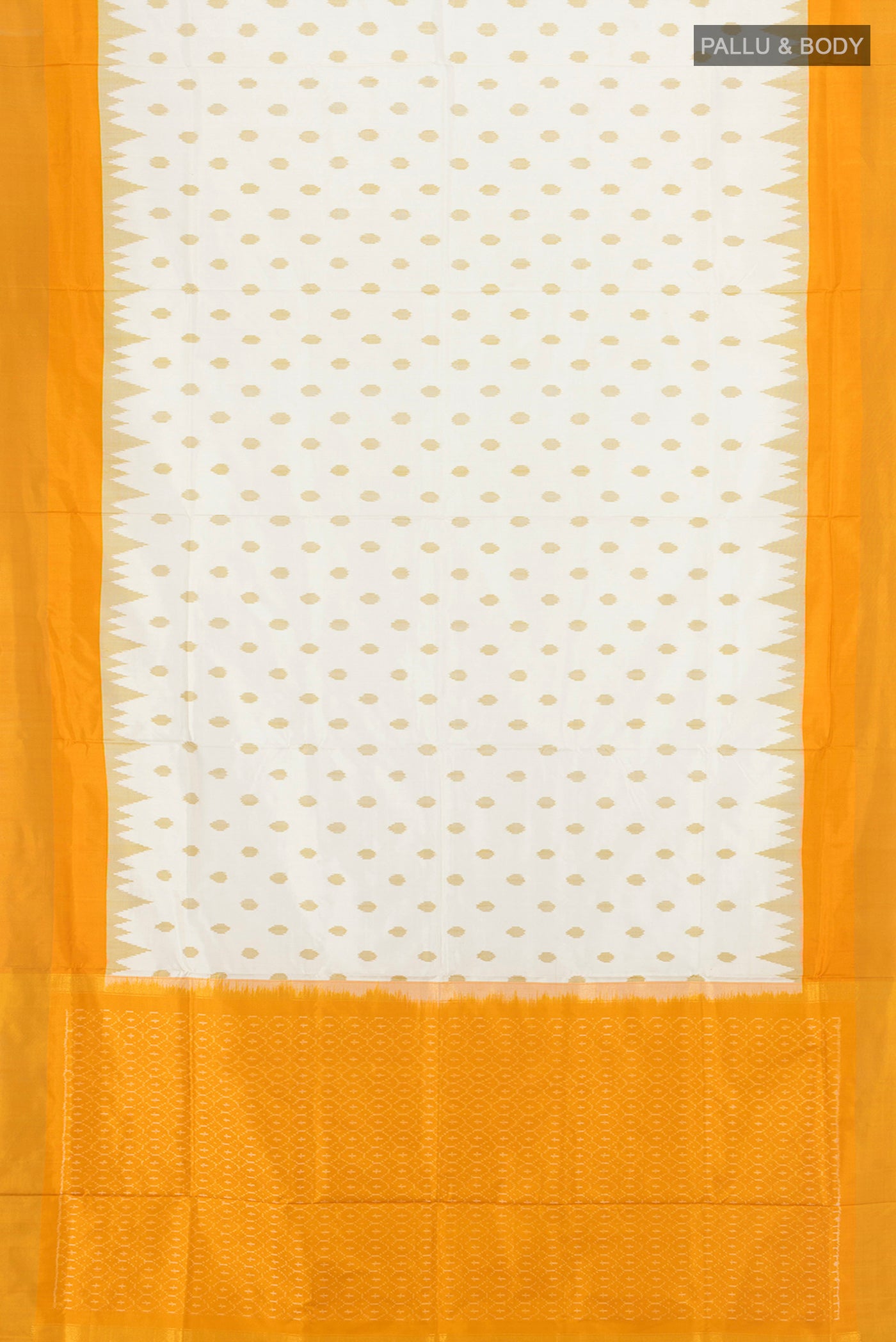 Flat view of Off White Pochampally Silk Saree with Pure Ikat on the body and Zari Border. 