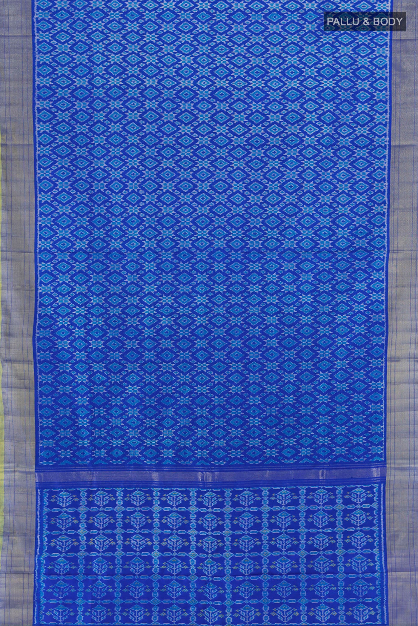 Flat view of Royal Blue Pochampally Silk Saree with Pure Ikat on the body and Zari Border. 