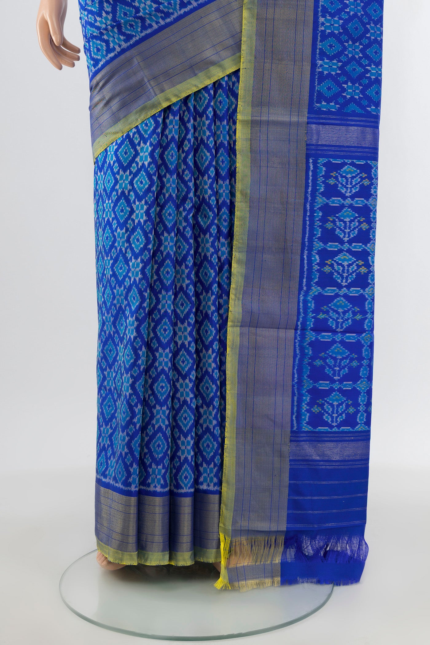Pleats and pallu of Royal Blue Pochampally Silk Saree with Pure Ikat on the body and Zari Border. 