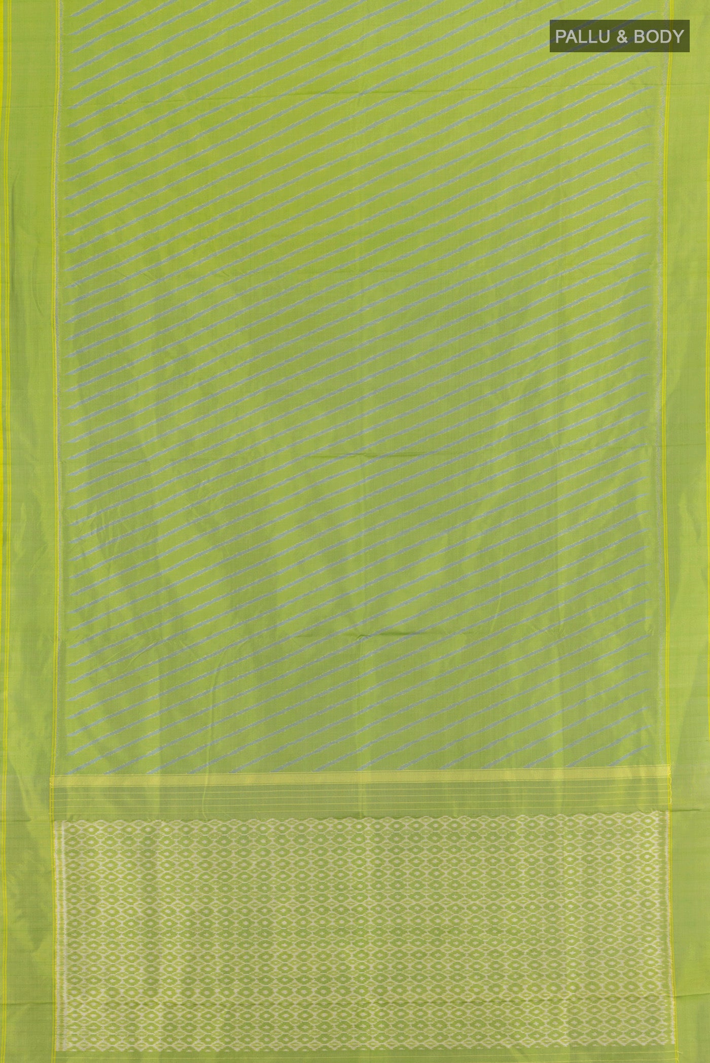 Flat view of Light Green Pochampally Silk Saree with Ikat design on the body and Plain Border. 
