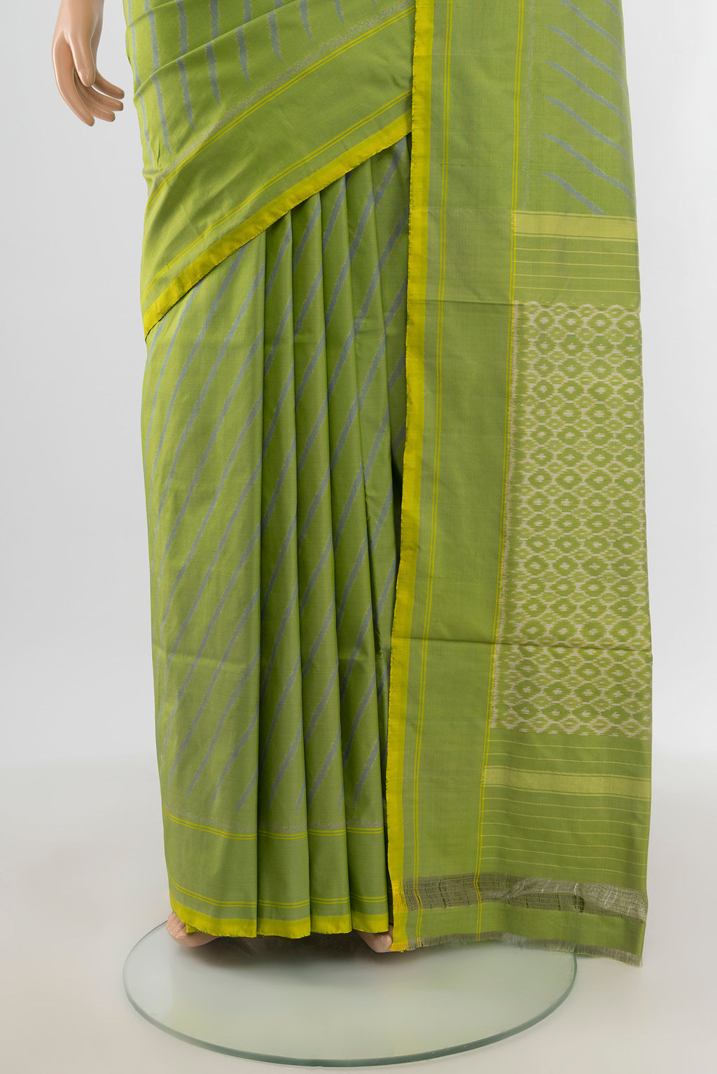 Pleats and pallu of Light Green Pochampally Silk Saree with Ikat design on the body and Plain Border. 