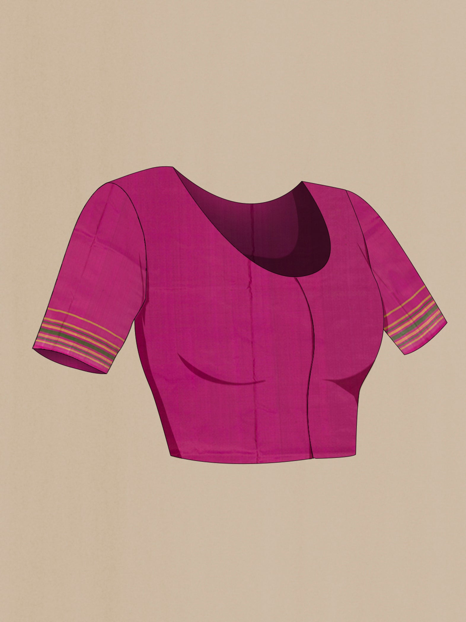 Close up image of the blouse of Magenta Pochampally Silk Saree with Ikat design on the body and Plain Border. 