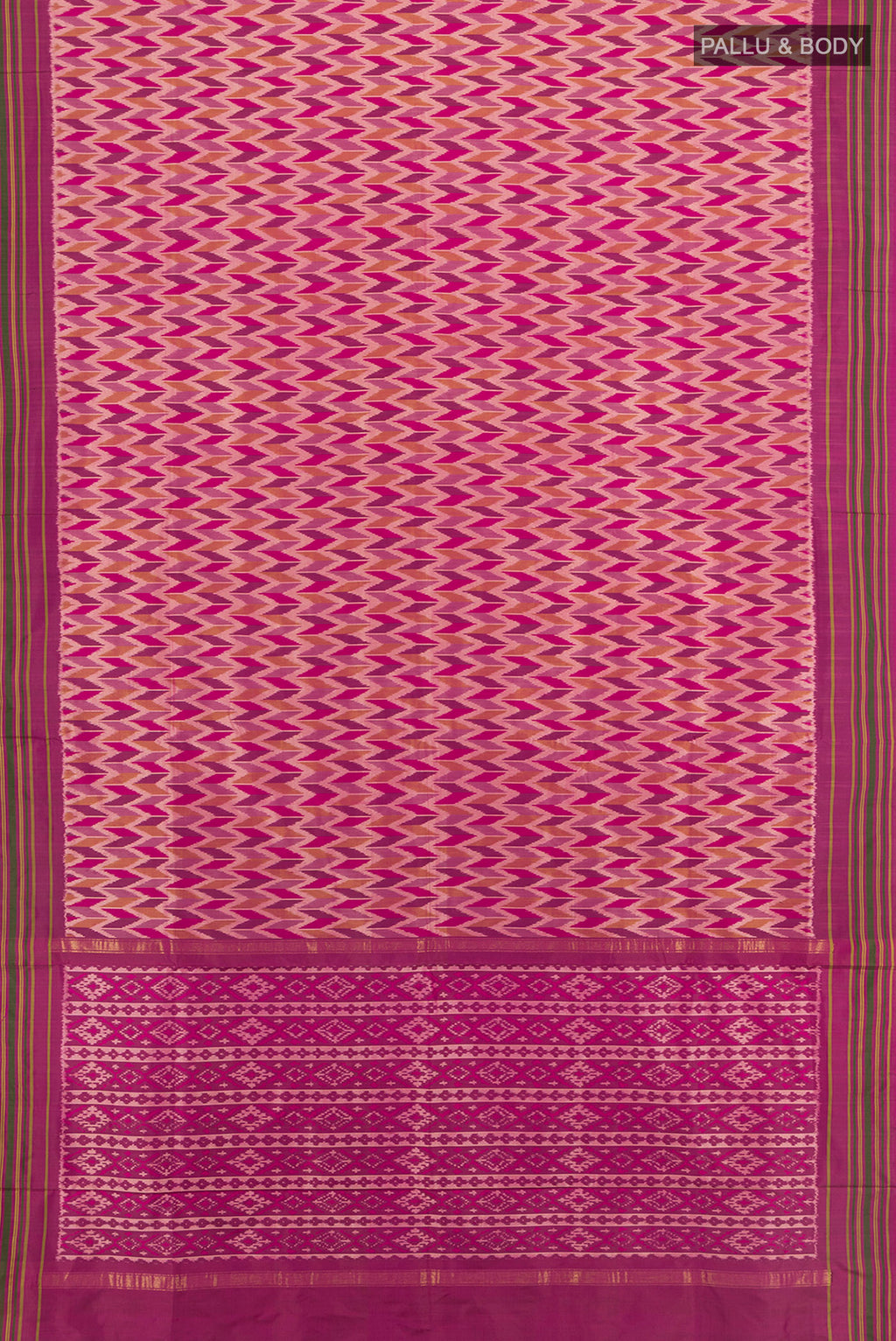 Flat view of Magenta Pochampally Silk Saree with Ikat design on the body and Plain Border. 