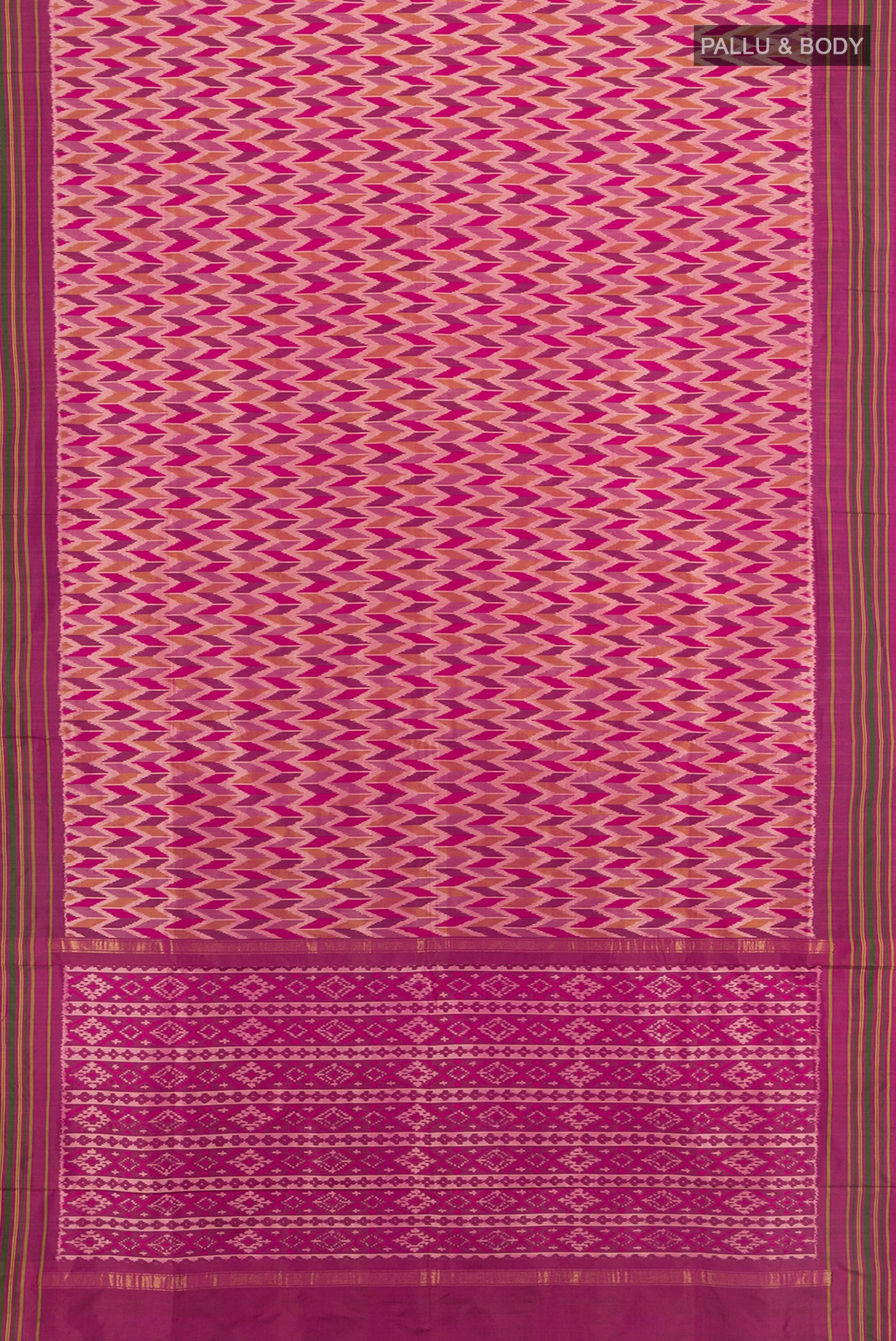 Flat view of Magenta Pochampally Silk Saree with Ikat design on the body and Plain Border. 