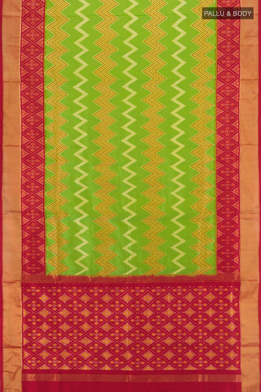Flat view of Parrot Green Pochampally Silk Saree with Ikat design on the body and Ikat Border. 