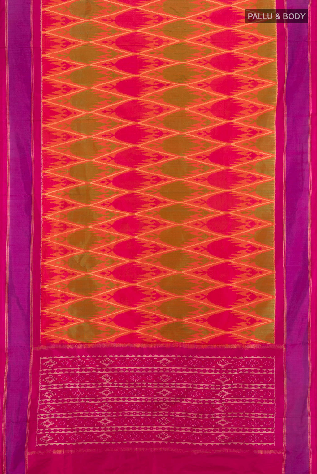 Flat view of Pure Silk Multi Color Pochampally Saree with Ikat design on the body and Plain Border. 