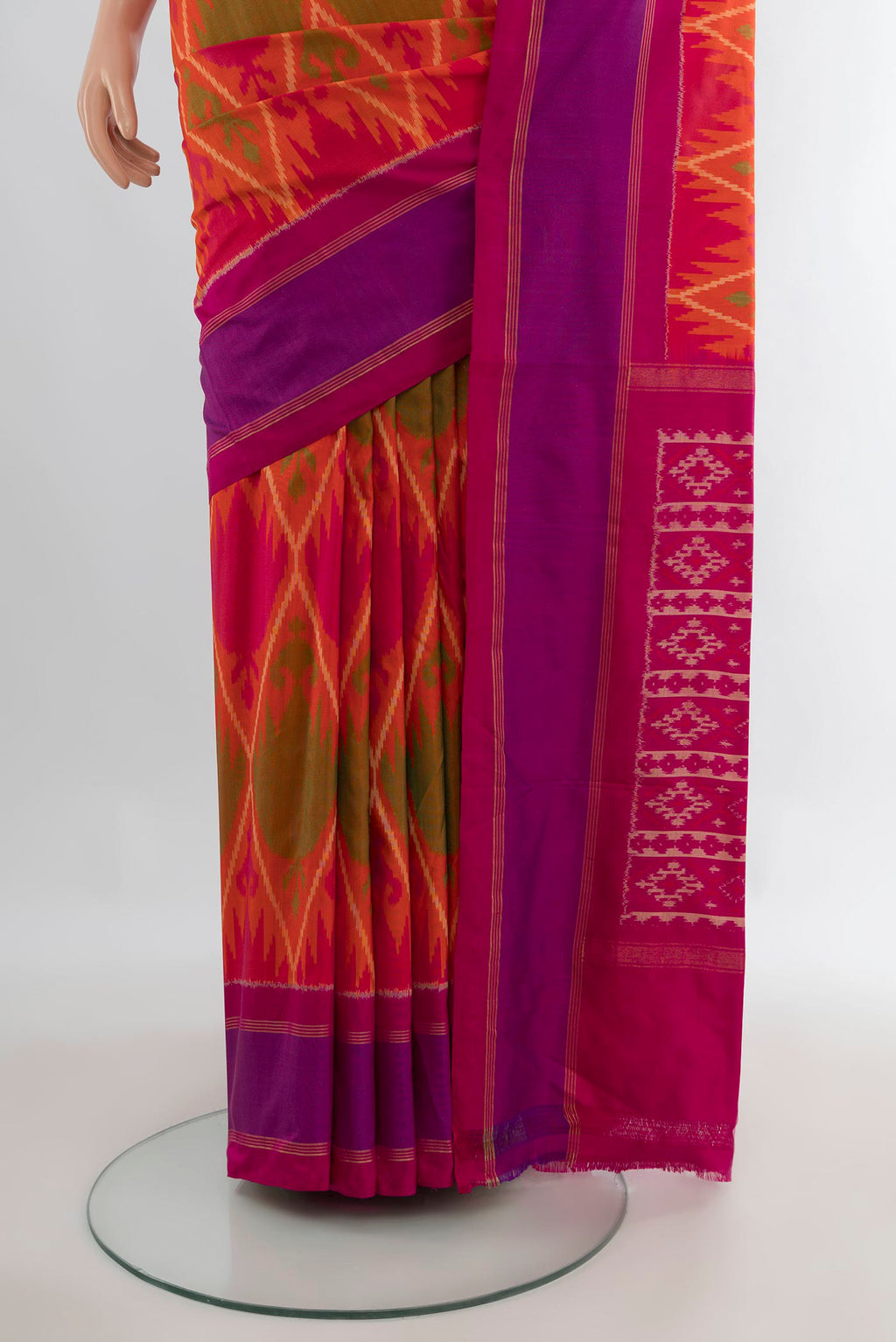 Pleats and pallu of Pure Silk Multi Color Pochampally Saree with Ikat design on the body and Plain Border. 