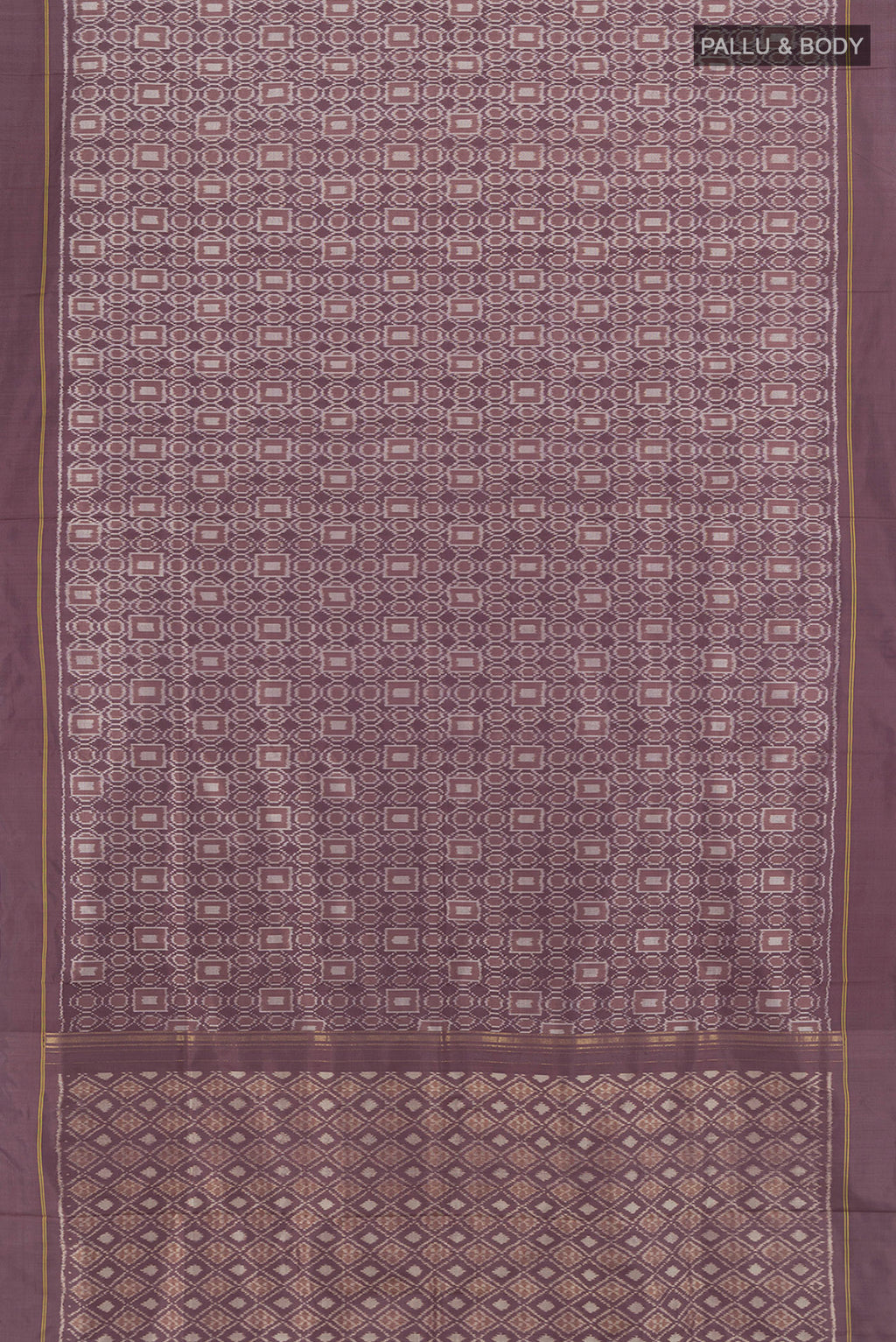 Flat view of Burgundy Pochampally Silk Saree with Ikat design on the body and Plain Border. 