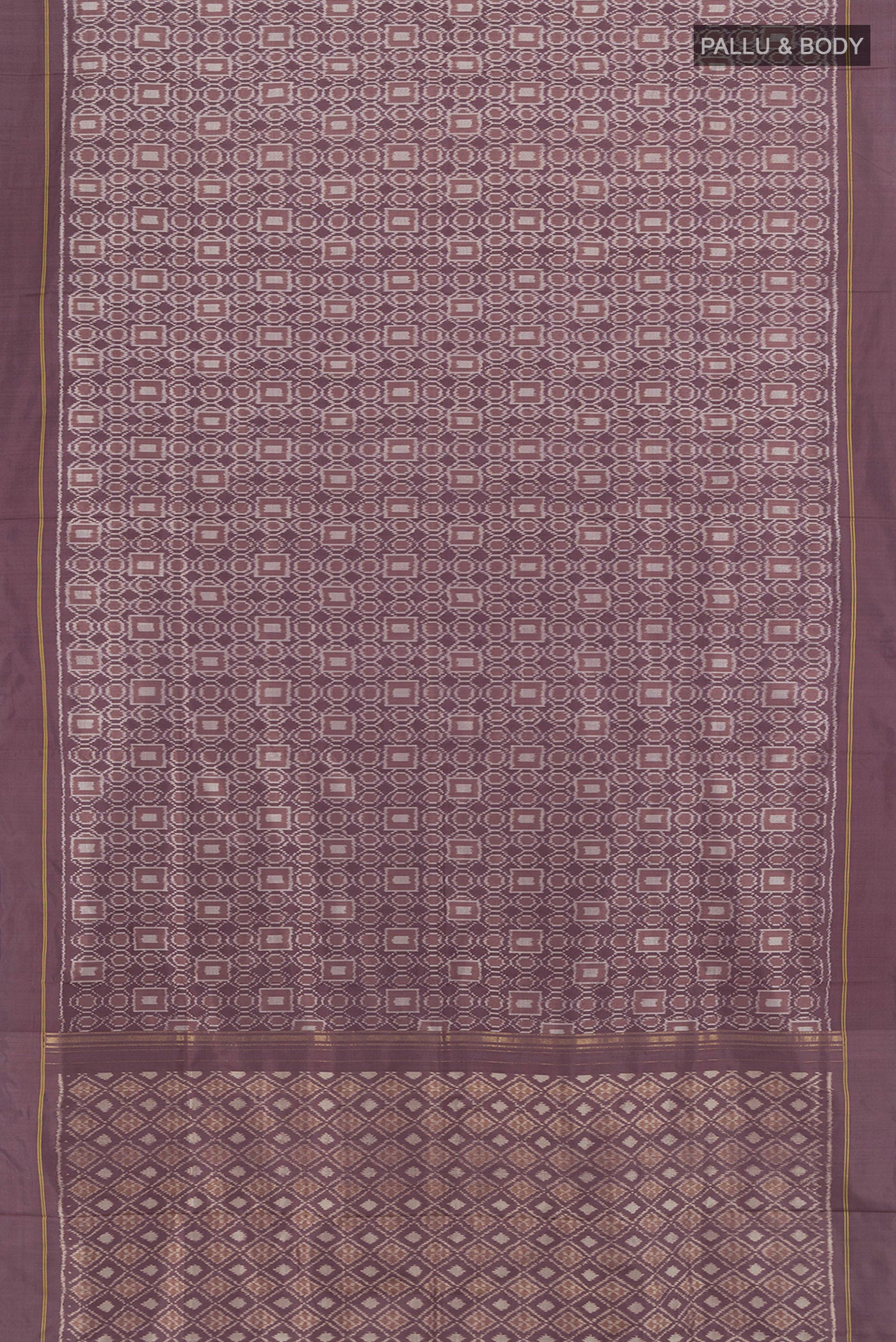 Flat view of Burgundy Pochampally Silk Saree with Ikat design on the body and Plain Border. 