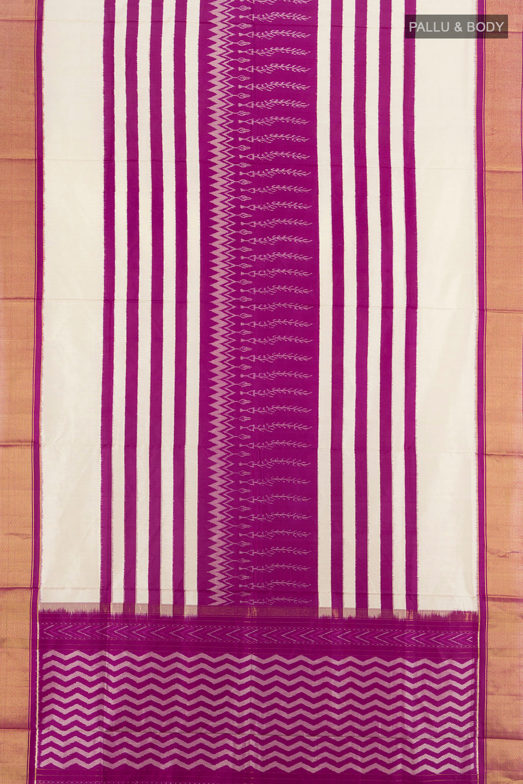 Flat view of White Pochampally Silk Saree with Ikat design on the body and Zari Border. 