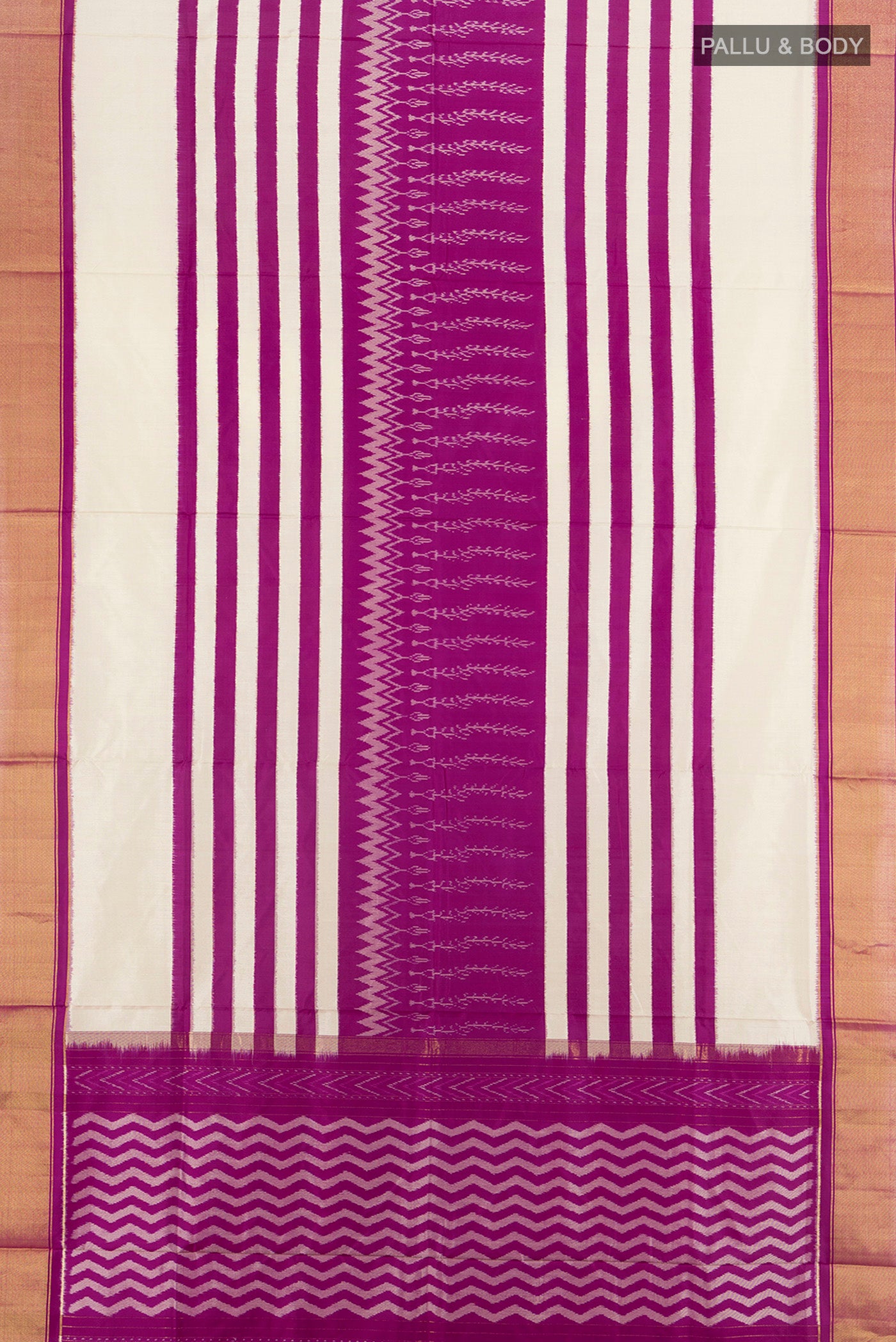 Flat view of White Pochampally Silk Saree with Ikat design on the body and Zari Border. 