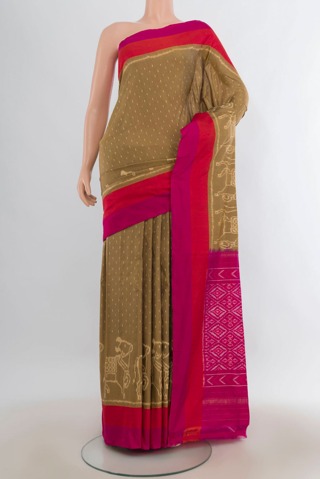 Pure Silk Brown Pochampally Saree with Pure Ikat on the body and Plain Border.  displayed on a mannequin