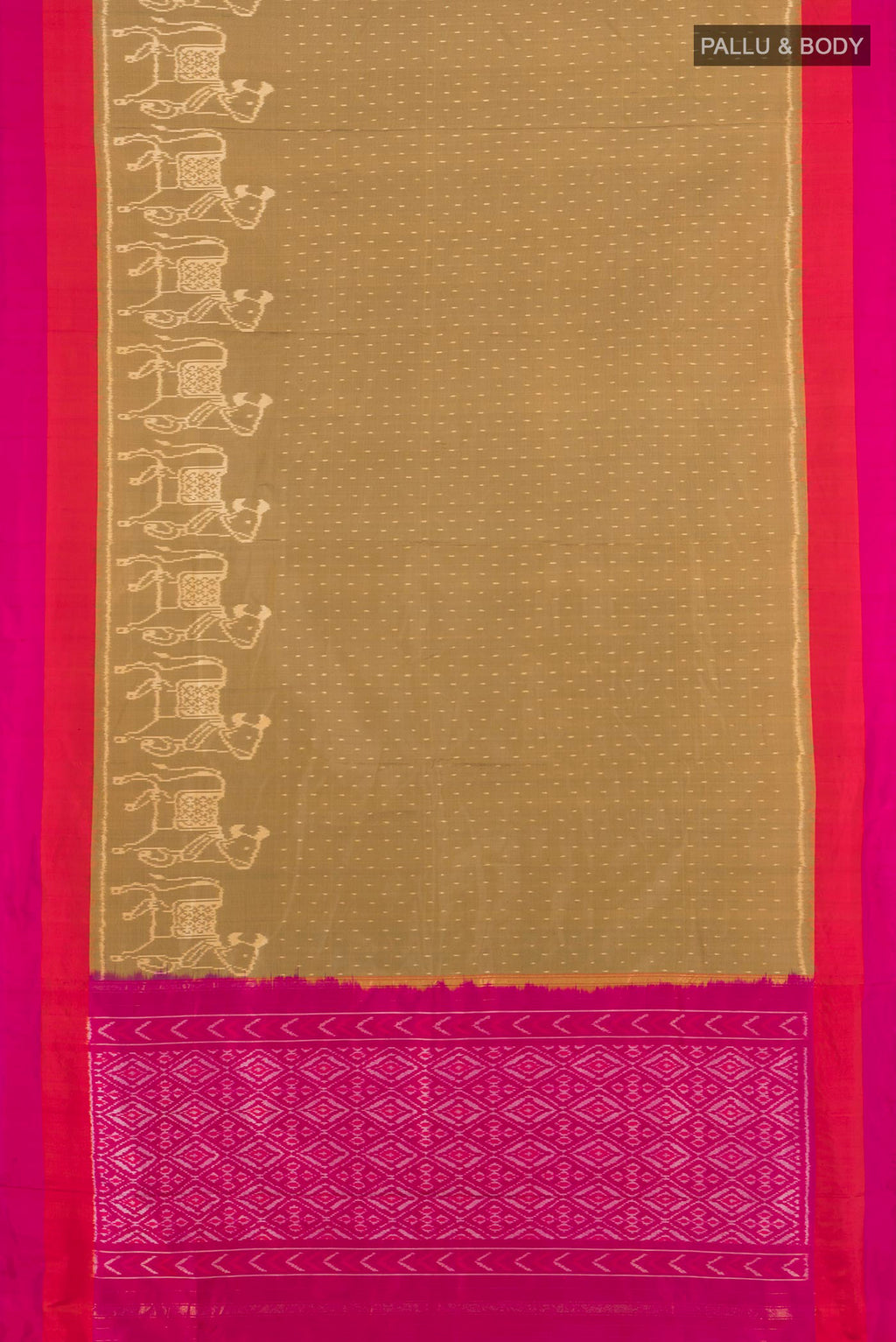 Flat view of Pure Silk Brown Pochampally Saree with Pure Ikat on the body and Plain Border. 
