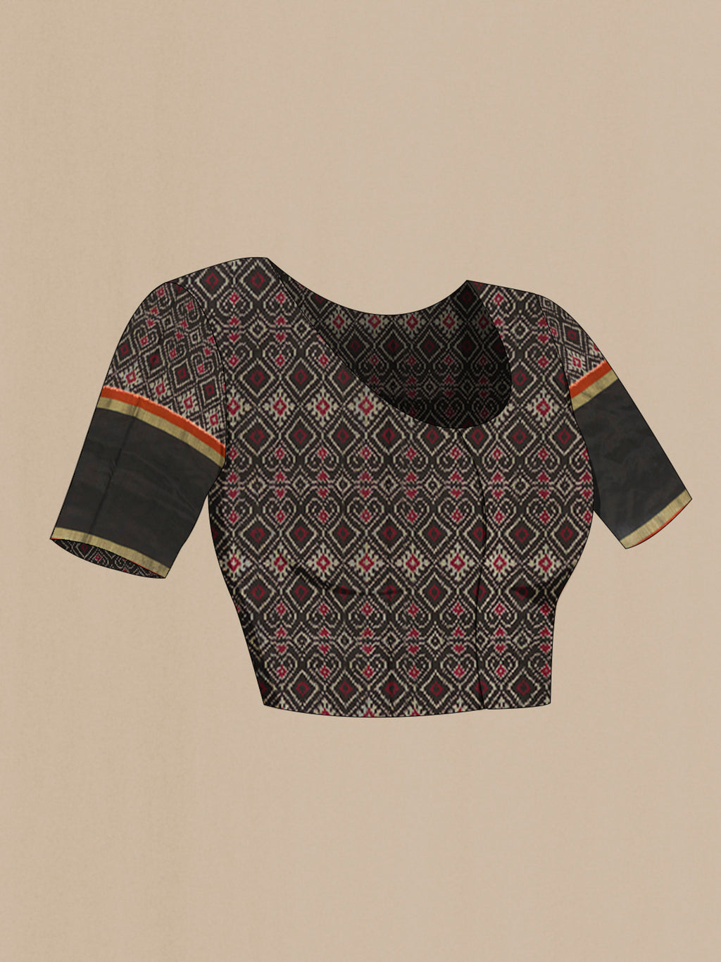 Close up image of the blouse of Red Pochampally Silk Saree with Ikat design on the body and Ikat Border. 