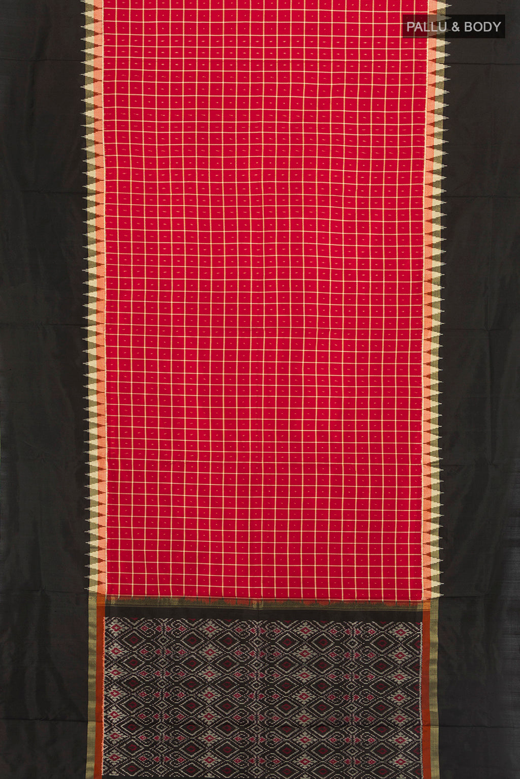 Flat view of Red Pochampally Silk Saree with Ikat design on the body and Ikat Border. 