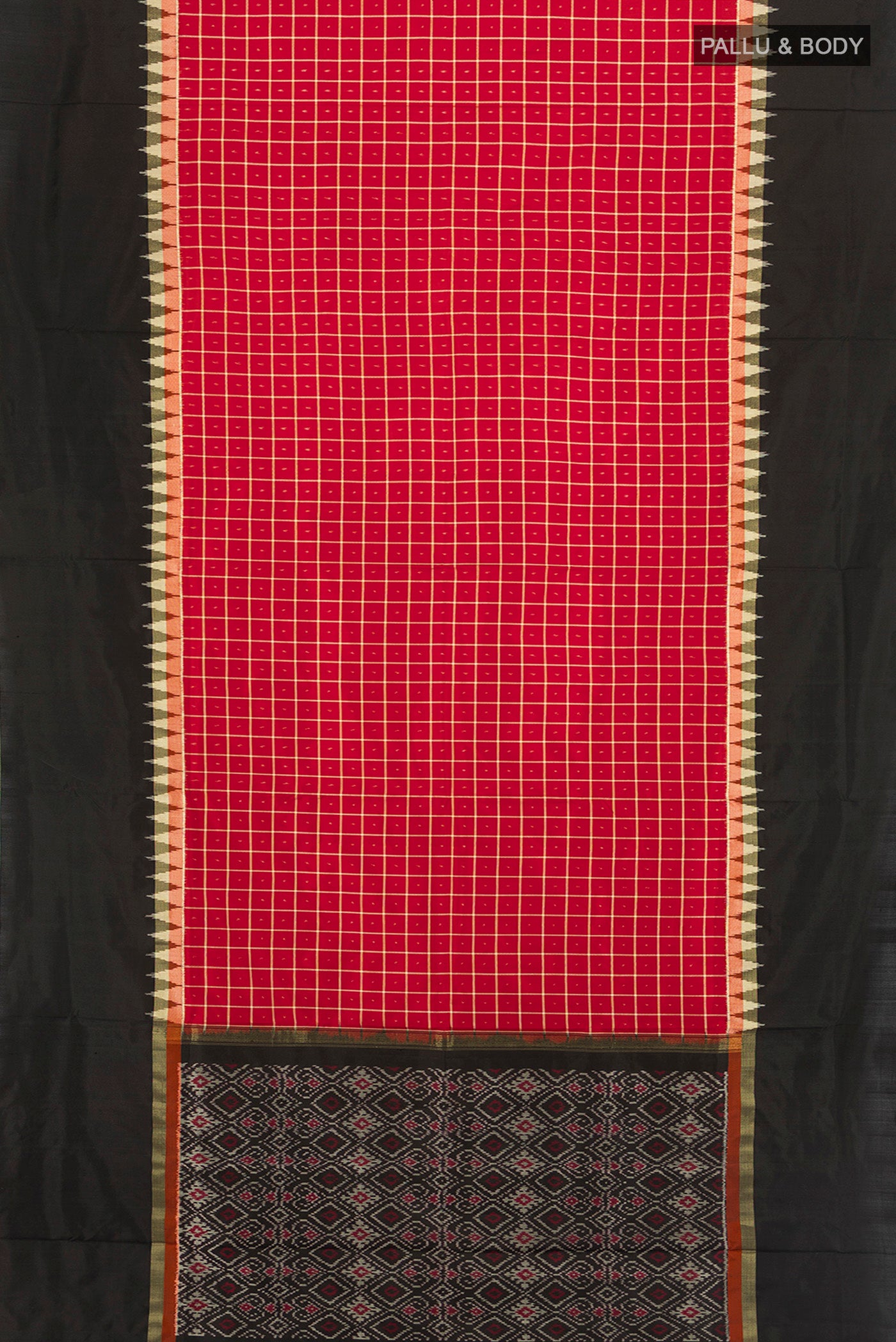 Flat view of Red Pochampally Silk Saree with Ikat design on the body and Ikat Border. 
