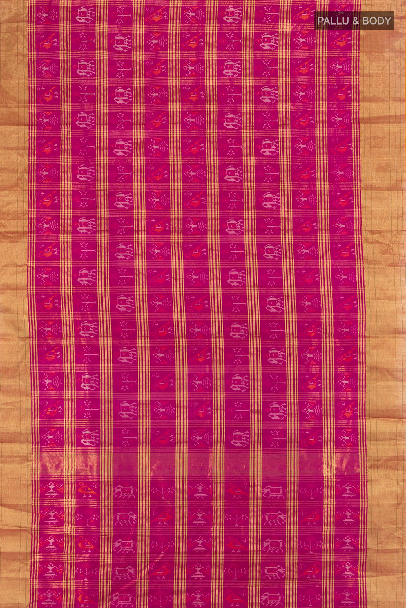 Flat view of Magenta Pochampally Silk Saree with Checked design on the body and Zari Border. 