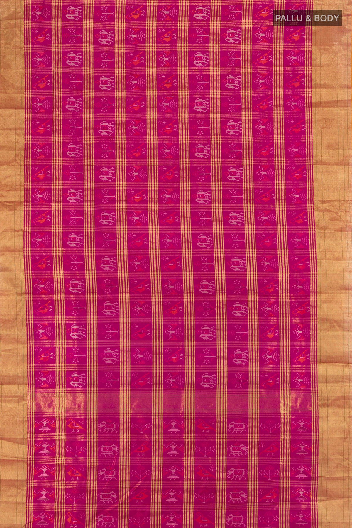 Flat view of Magenta Pochampally Silk Saree with Checked design on the body and Zari Border. 