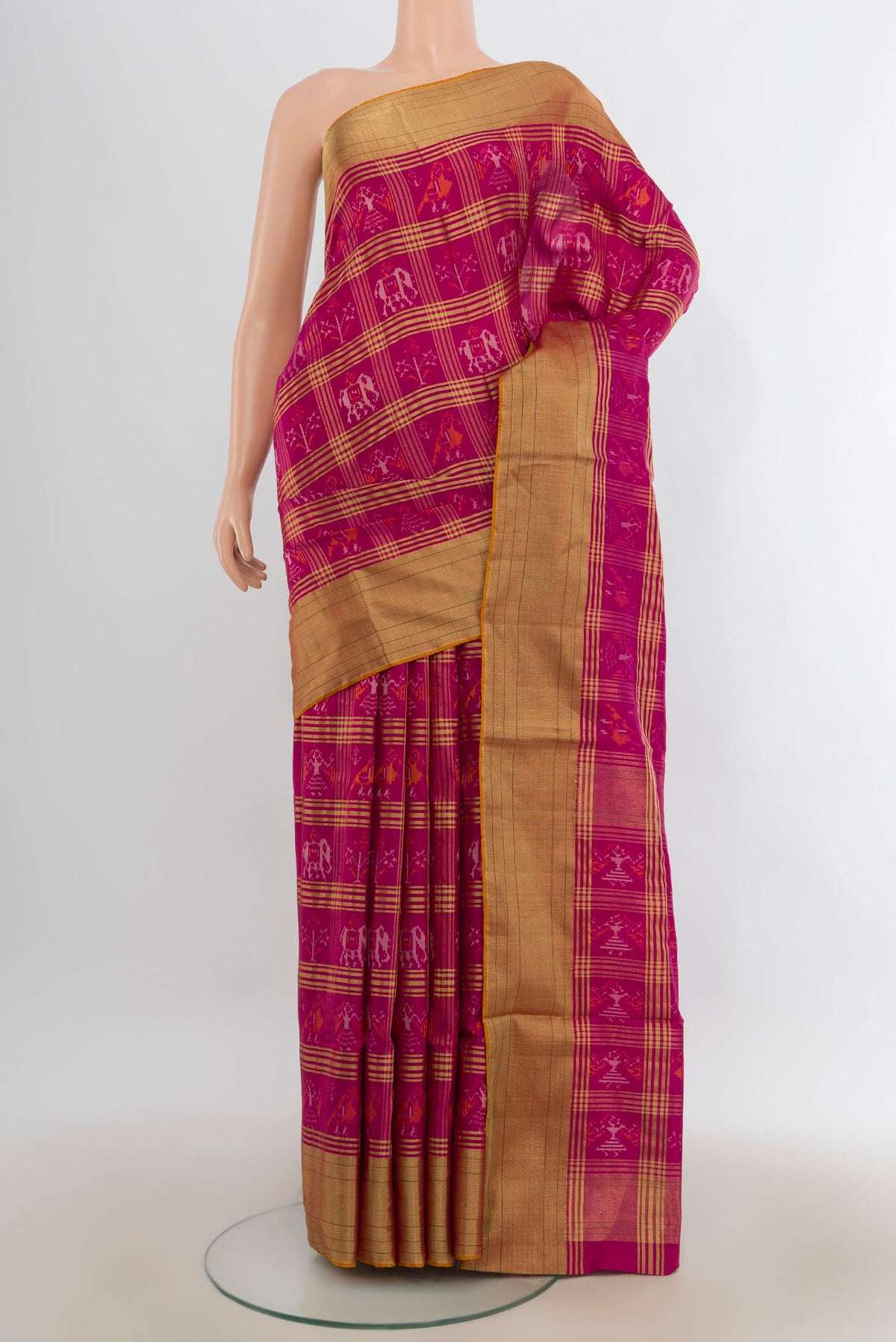 Pure Silk Dark Pink Pochampally Saree with Checked design on the body and Zari Border.  displayed on a mannequin
