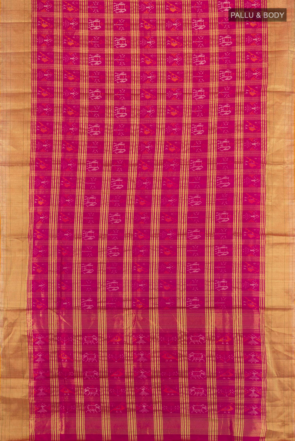 Flat view of Pure Silk Dark Pink Pochampally Saree with Checked design on the body and Zari Border. 
