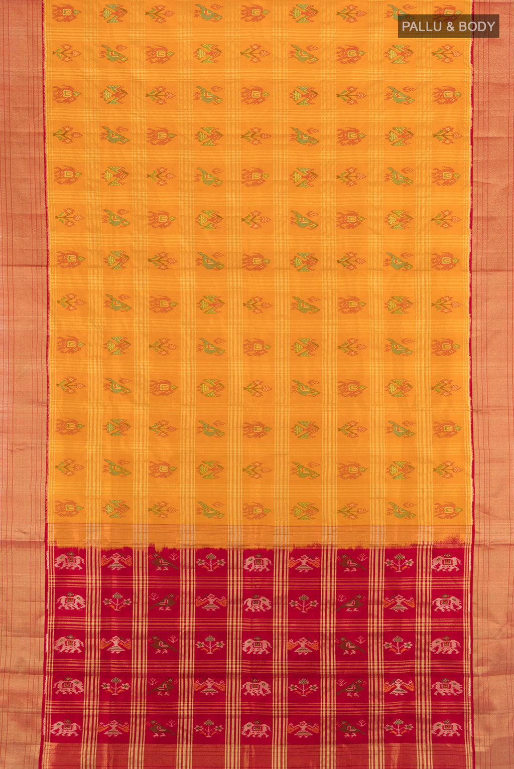 Flat view of Mustard Pochampally Silk Saree with Ikat design on the body and Zari Border. 